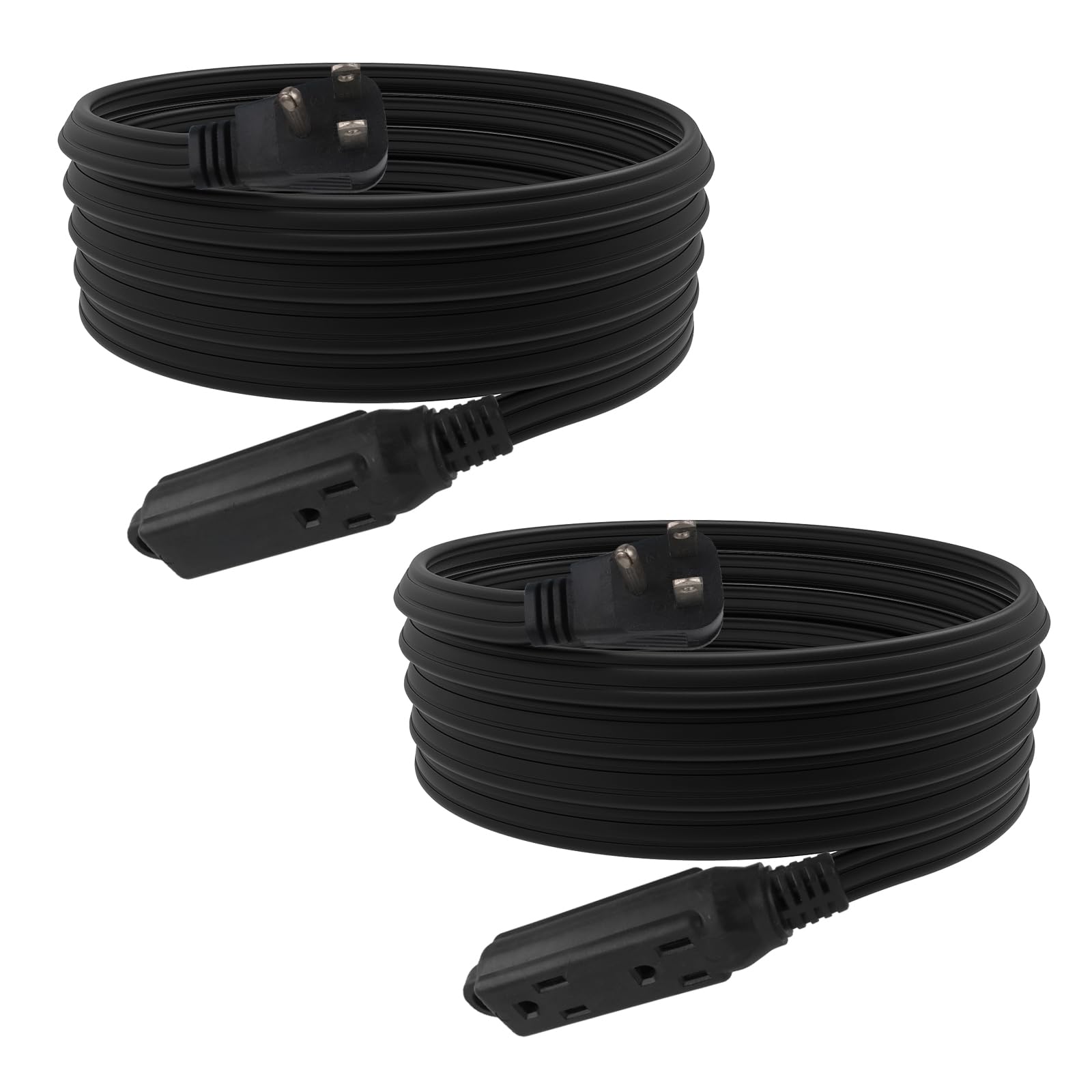 Ep 15 Ft 3 Outlet Extension Cord With Flat Plug, 3 Prong Grounded, 16/3 Spt 3 Power Cable For Indoor Use, Black, 2 Pack