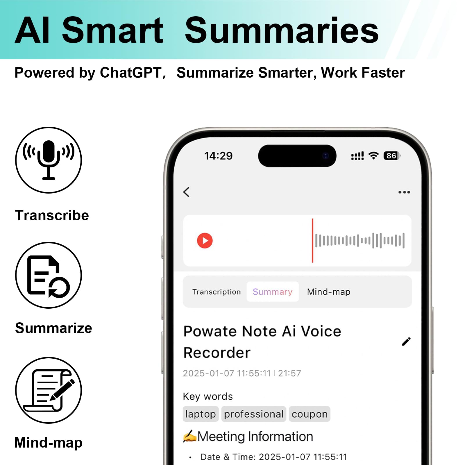 Ai Voice Recorder, Transcribe & Summarize By Chatgpt, Digital Recorder Device With Playback For Lectures, Meetings, Calls, Suppo