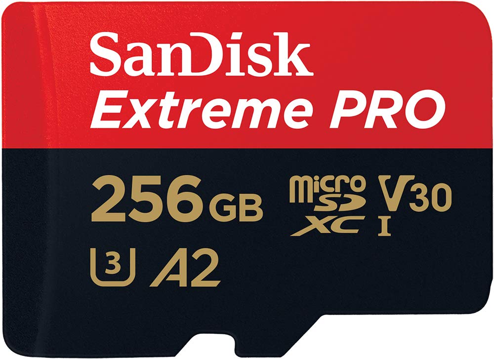SanDisk 256GB Extreme PRO microSD UHS-I Card with Adapter C10, U3, V30, A2, 200MB/s Read 140MB/s Write SDSQXCD-256G-GN6MA