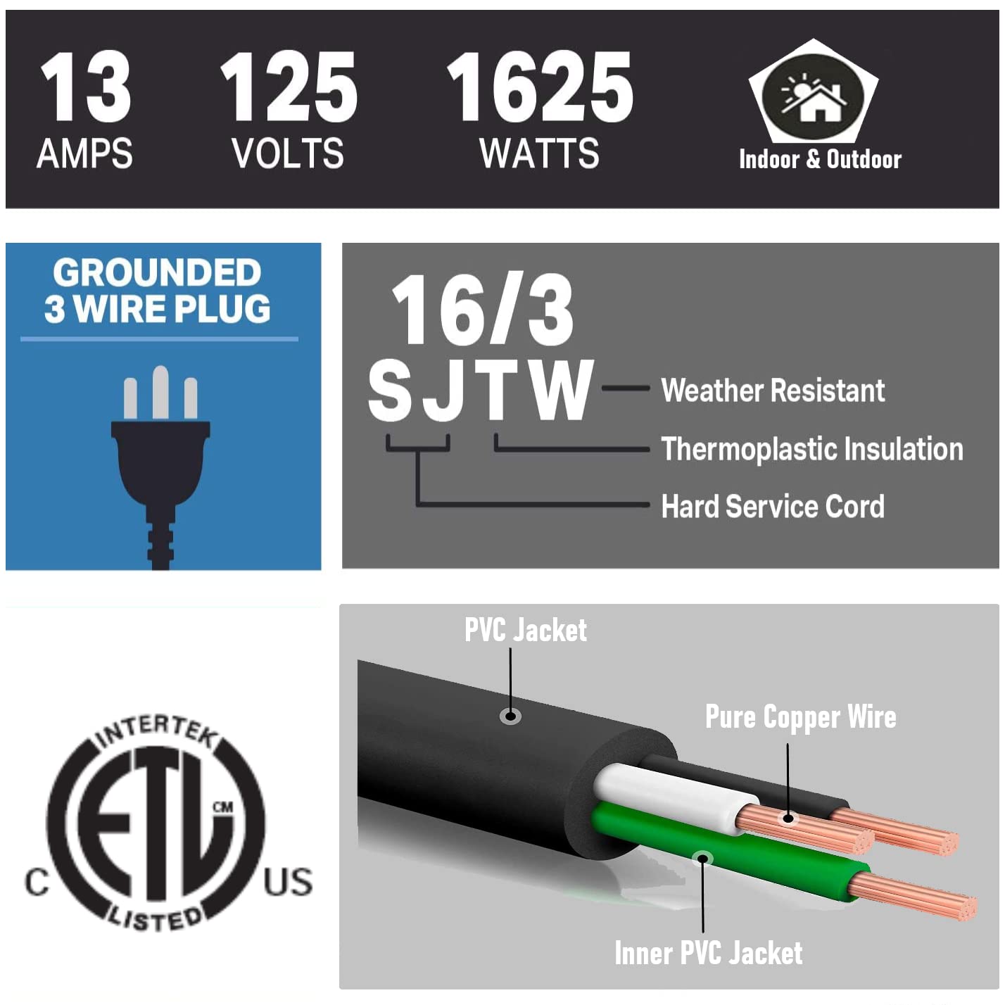 4 Pack 3Ft Extension Cord Outdoor Indoor Use 16 Sjtw Awg Heavy Duty Power Cord 3 Prong, Nema 5 15P To Nema 5 15R, Power Cable Fo