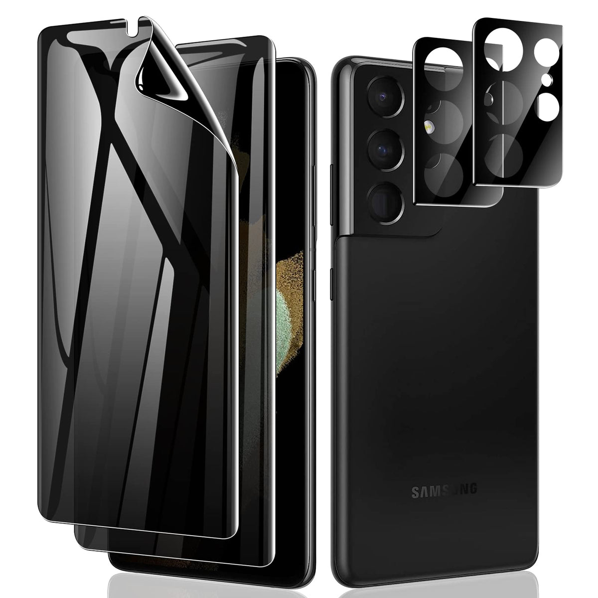 Lywhl [2+2 Pack For Samsung Galaxy S21 Ultra Privacy Screen Protector [Support Fingerprint Id] Anti-Spy Full Adhesive Flexible Film + Camera Lens Glass Protector For Galaxy S21 Ultra 6.8” 5G 2021