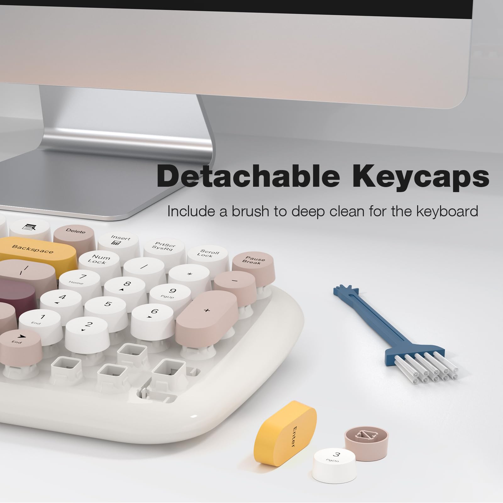 Knowsqt Wireless Keyboard And Mouse Combo, Light Beige 100 Keys 2.4 Ghz Round Keycap Typewriter Keyboards, Usb Receiver Plug And