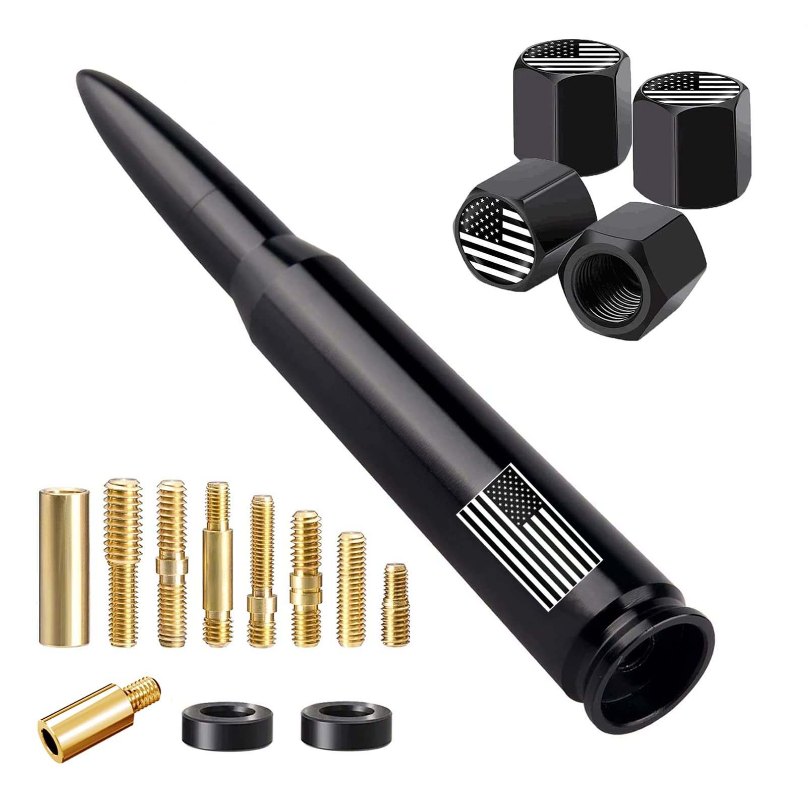American Flag Car Truck Antenna With Valve Stem Caps, Universal Mast For Gm Chevy Silverado 1500 2500 3500 Hd Avalanche Ford F15