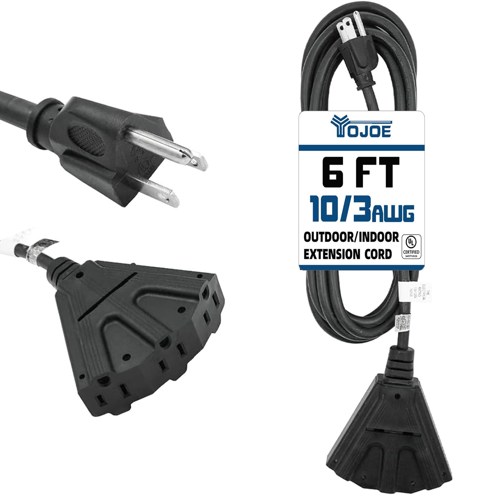 Yojoe 3 Outlets Indoor Outdoor Extension Cord, 3 Prong 15A Weatherproof Power Cord Multiple Outlets, 10 Gauge Heavy Duty 6 Ft Bl