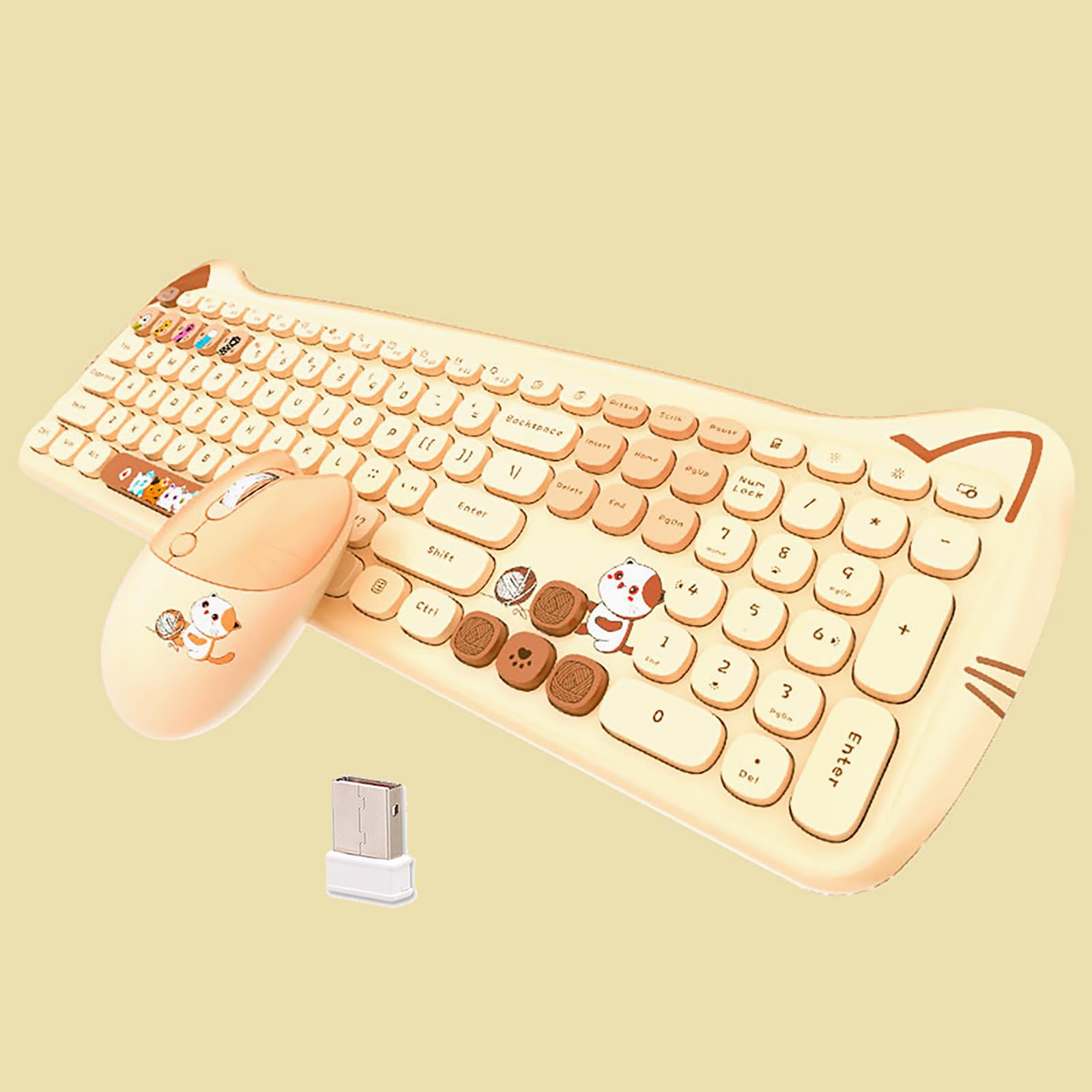 Cute Cat 2.4G Usb Wireless Keyboard And Mouse Combo, Silent Keys, Candy Colors, Compatible With Notebook, Pc (Milktea 110Keys)