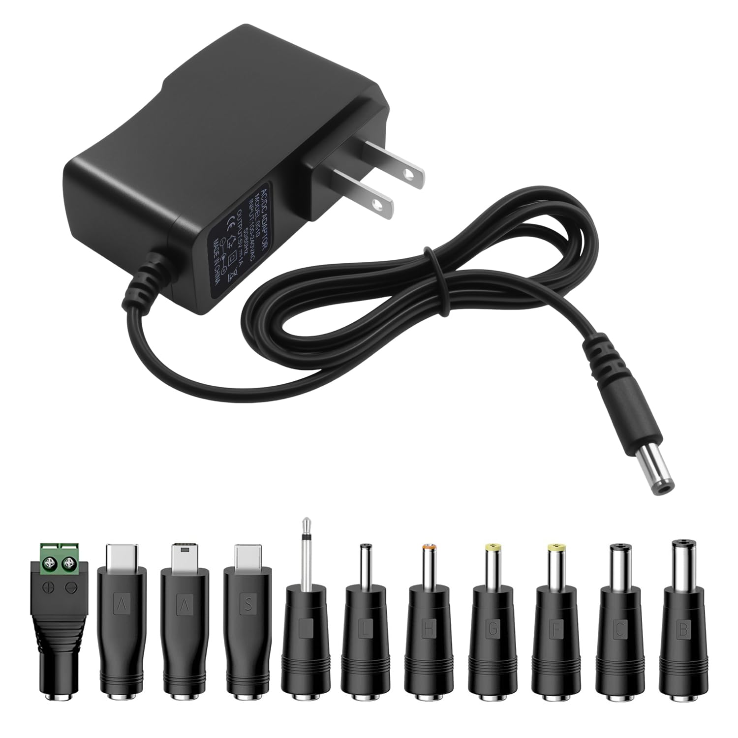 5V 1A Universal DC Charger Adapter, 5.5x2.1mm with 11 Connectors, 5FT