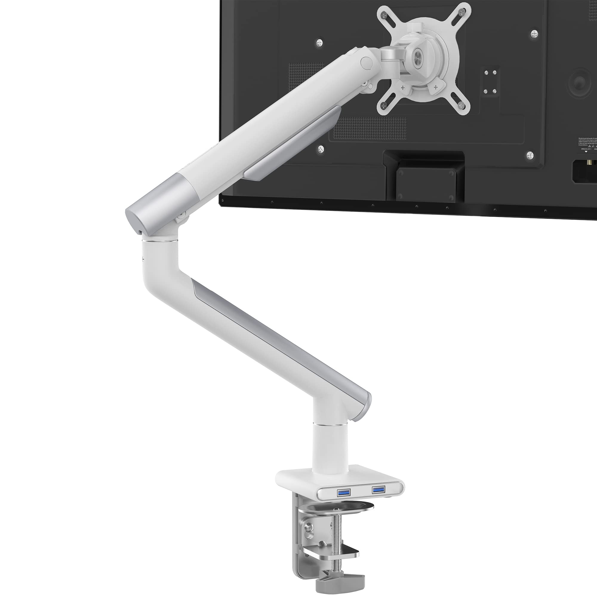 White Single Monitor Arm Mount - CTA White Monitor Mount for 23 to 35 Monitors - w/Dual USB 3.0 Hub Ports & Arm Clamp for Desks 