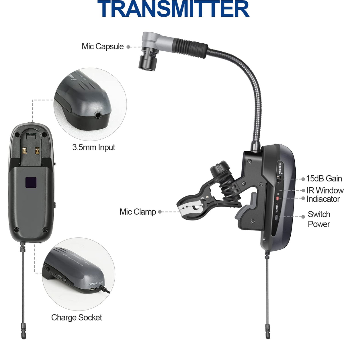 SGPRO Saxophone Wireless Microphone Professional Gooseneck Clip-on Mic ...