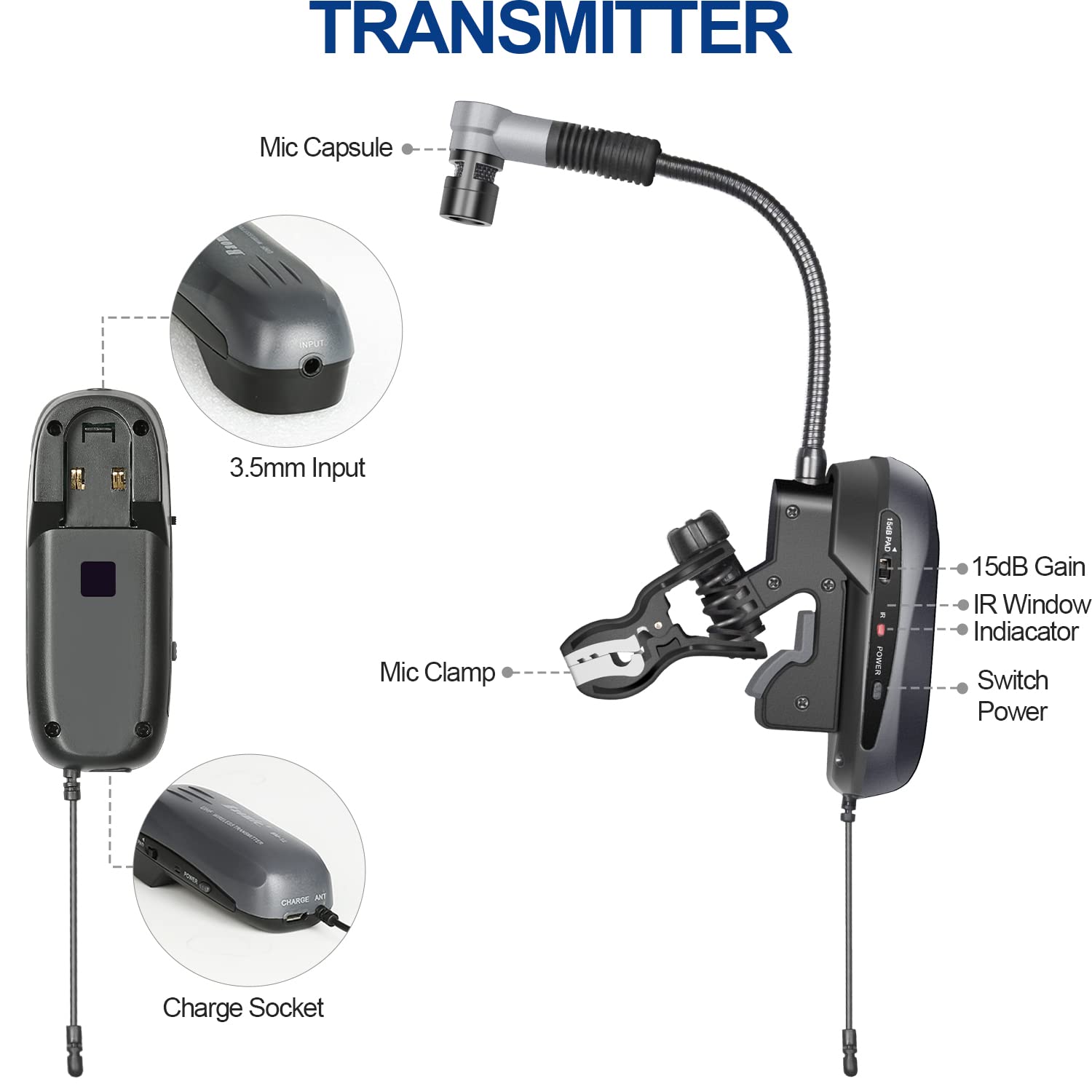 Sgpro Saxophone Wireless Microphone Professional Gooseneck Clip-On Mic With Preset Eq & Echos, 262 Ft Transmission And Rechargea