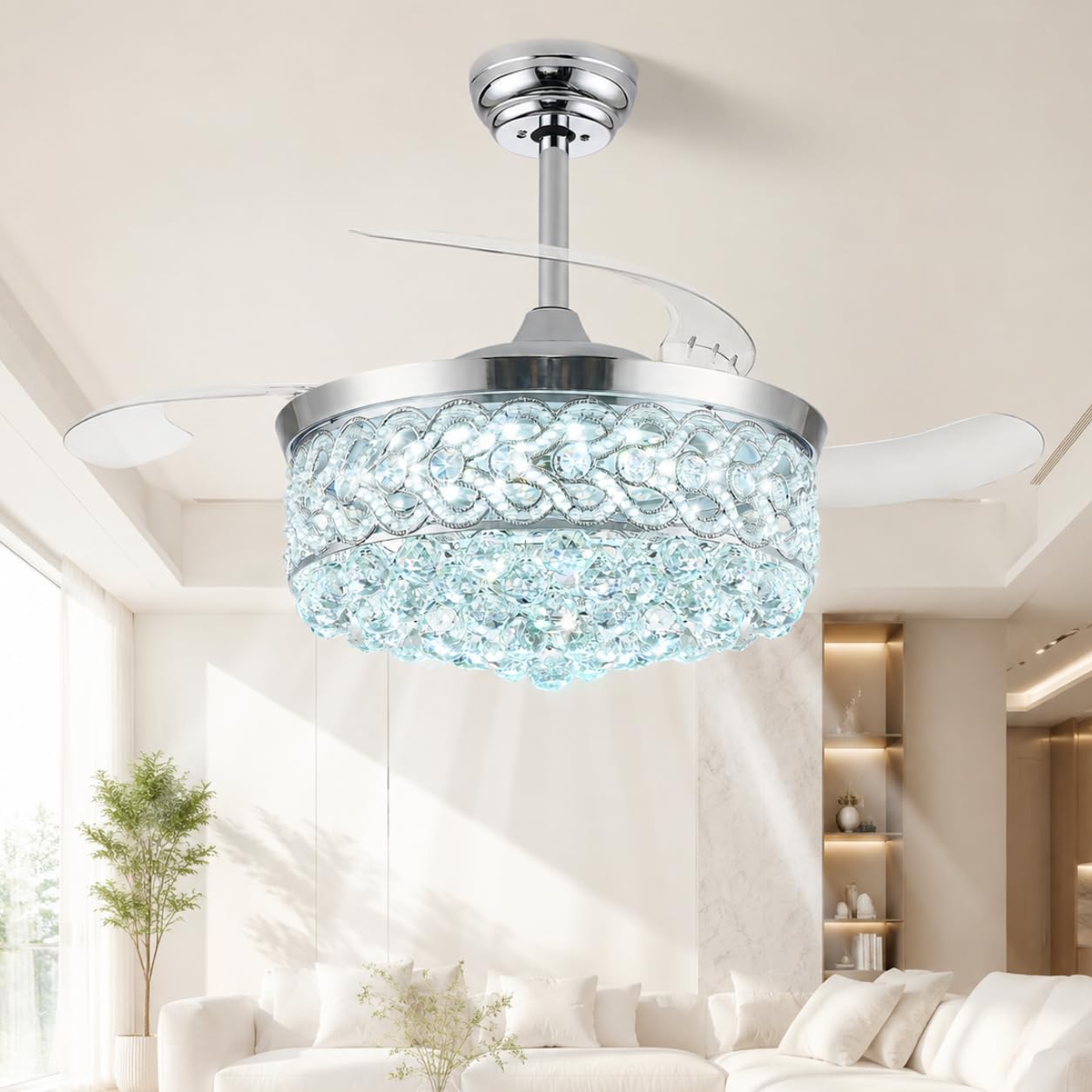 TXCSLY Crystal Fandelier Ceiling Fan with Light, 52 Retractable Ceiling Fan Chandelier Fan with Retractable Blades Dimmable Crys