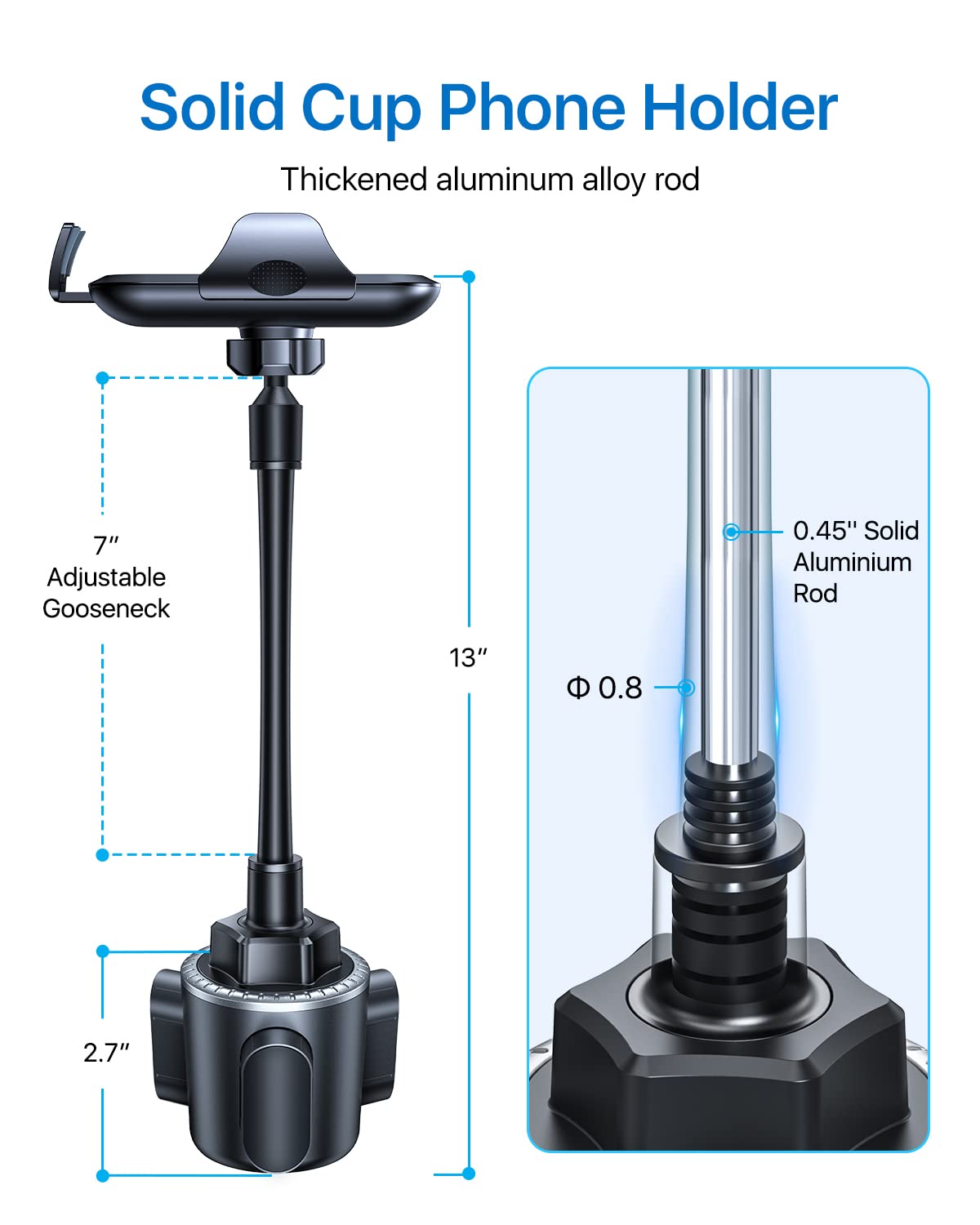 andobil Adjustable Height Cup Holder Phone Mount, Military-Grade Gooseneck for Car/Truck, Compatible with iPhone 14/13/12 Pro Max, Black