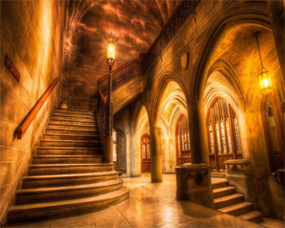 Aofoto 10X8Ft Vintage Medieval Castle Interior Backdrop Retro Archway Columns Photography Background Old Stairway Dim Light Arch