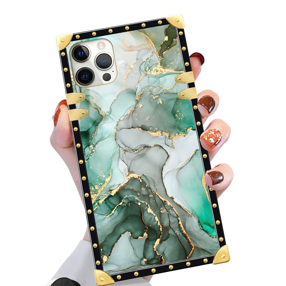 Yuning419 Case Compatible With Iphone 11 Pro Max,Green Gold Marble 11 Pro Max Case For Girls,Luxury Square Soft Tpu Shockproof P