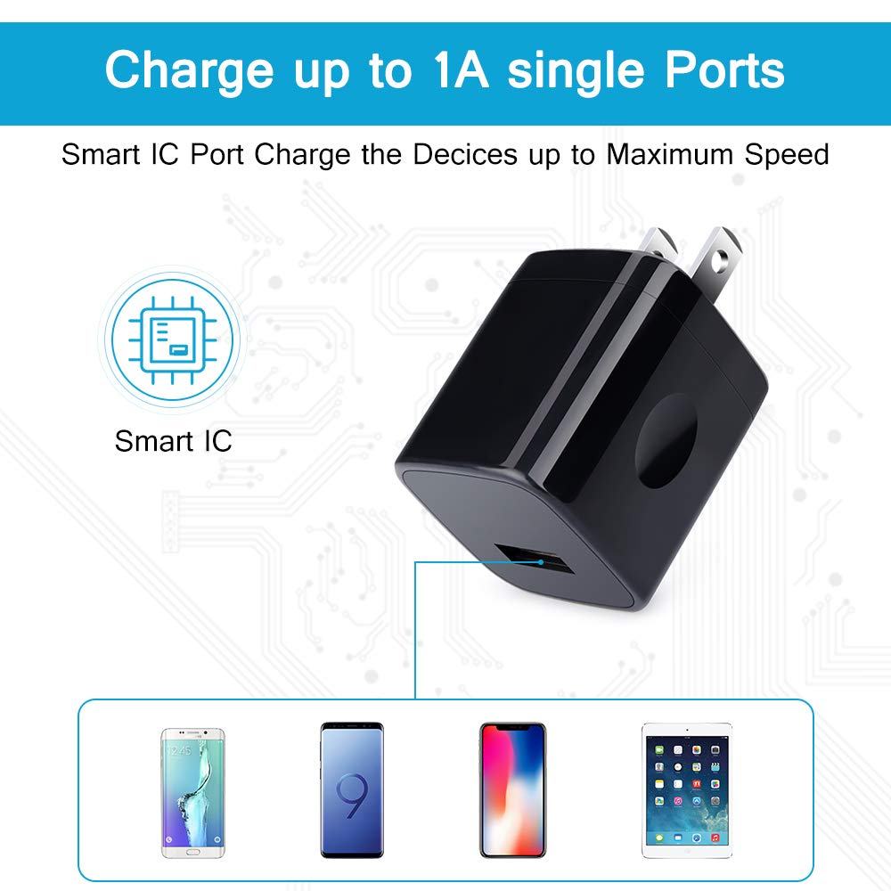 Wall Charger Cube,1A/5V Single Port Usb Wall Plug 3 Pack Travel Black Charging Block Box Adapter Compatible Iphone,Samsung Galax