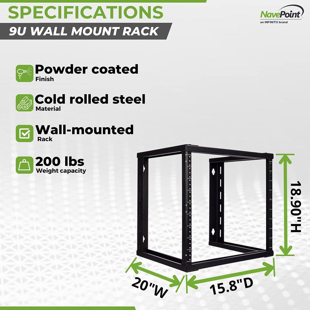 Navepoint 9U Wall Mount Rack   9U Server Rack For 19 Inch It Equipment Open Frame Rack   9U Network Rack For Av & Server Equipme