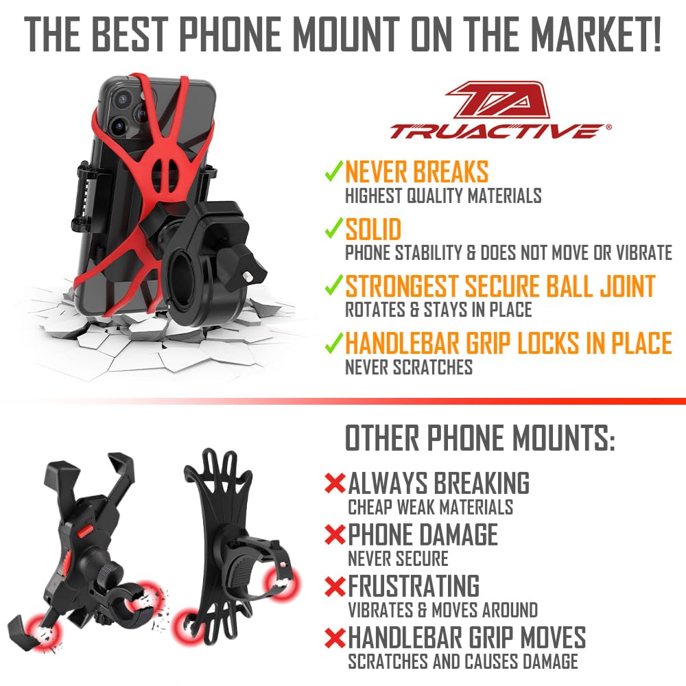Truactive Premium Bike Phone Mount Holder | Universal Cell Phone Mount For 4'' 7'' Phones | Includes 6 Reusable Color Bands | To