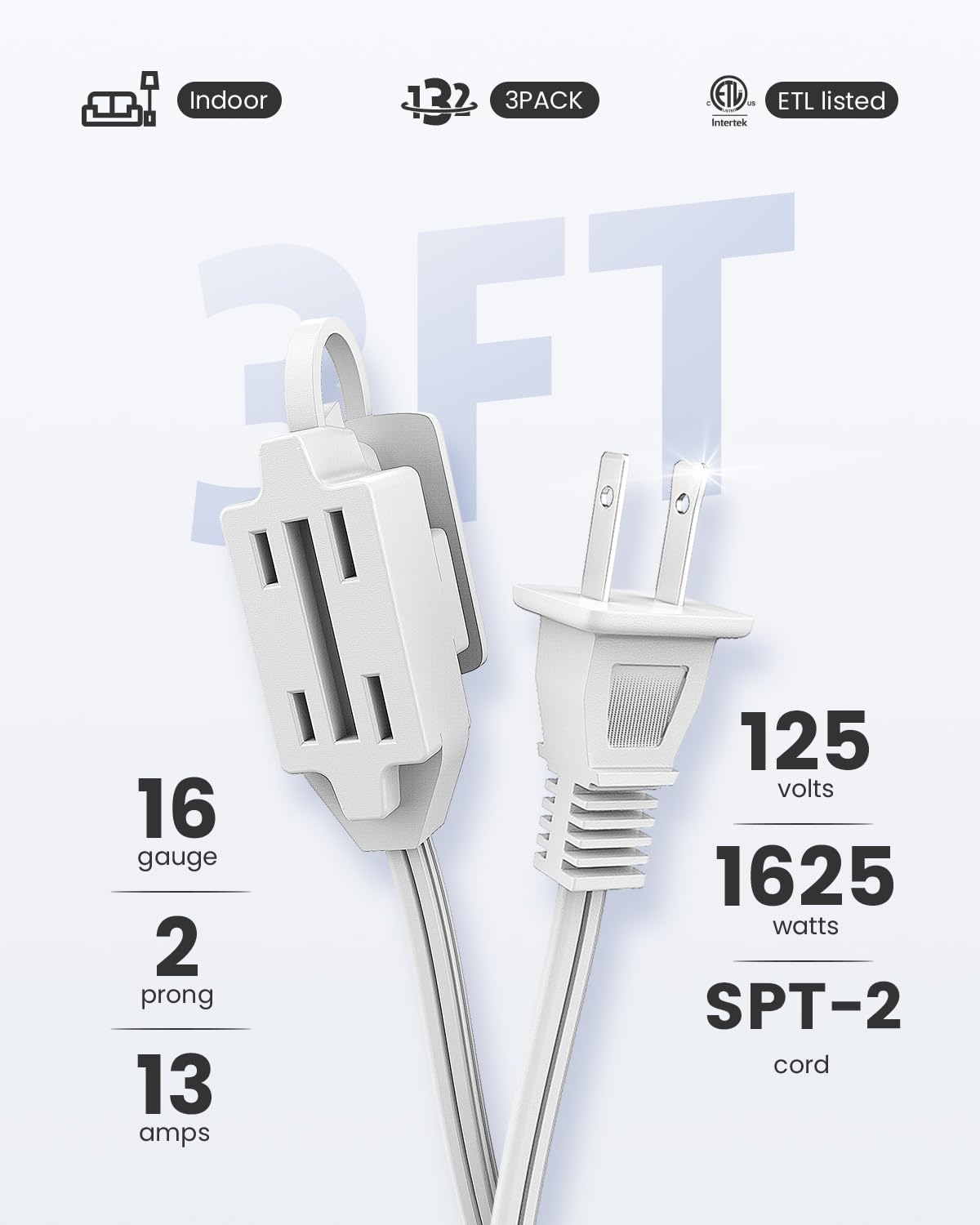 Plugtul Indoor Extension Cord 3 Ft, 2 Prong White Extension Cord, 3 Polarized Outlets With Safety Cap Protect For Home Office, 1