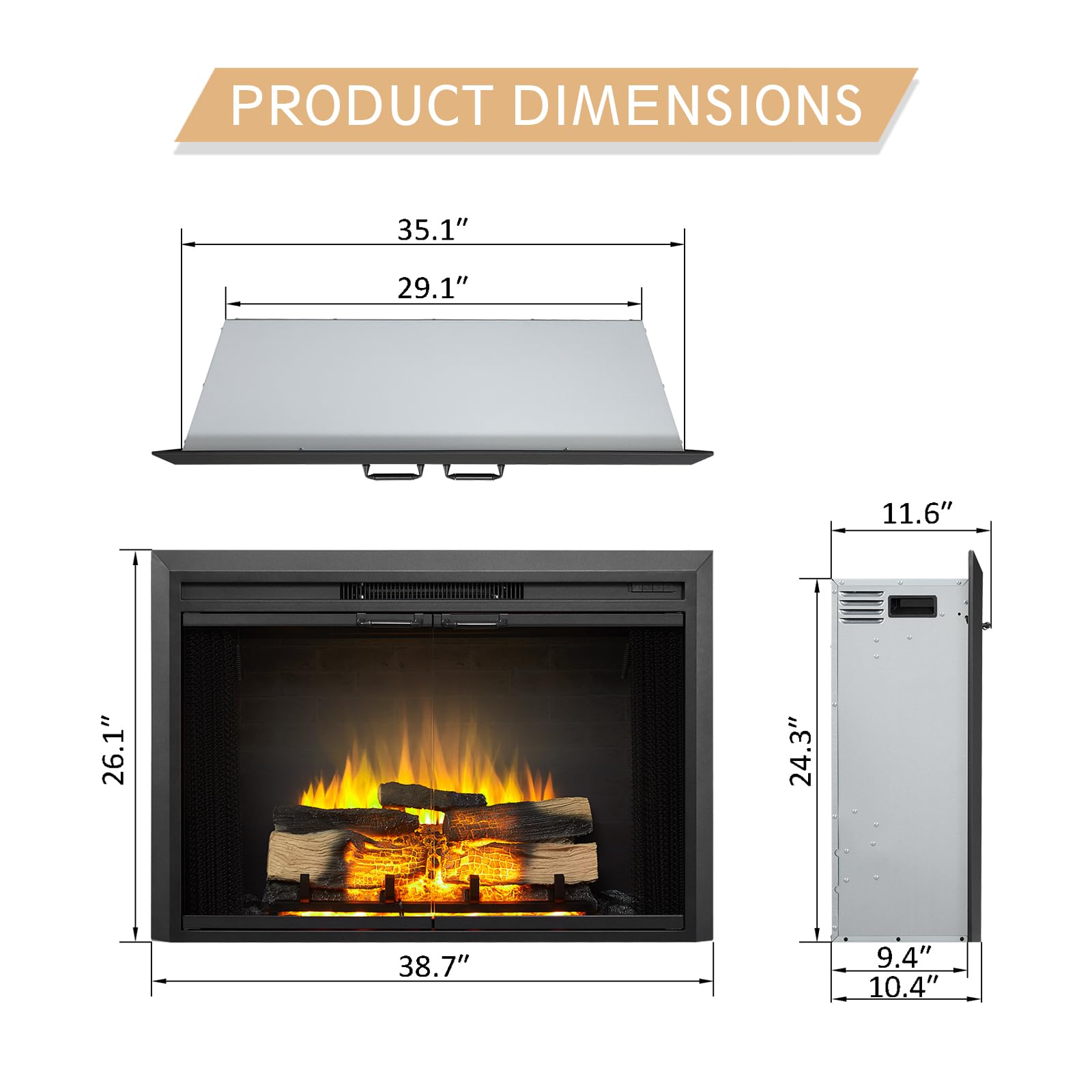 Legendflame Damon 39'' W Electric Fireplace Insert With Glass Door And Mesh Screen (Ef265B), Fireplace Heater 750/1500W, Fire Cr