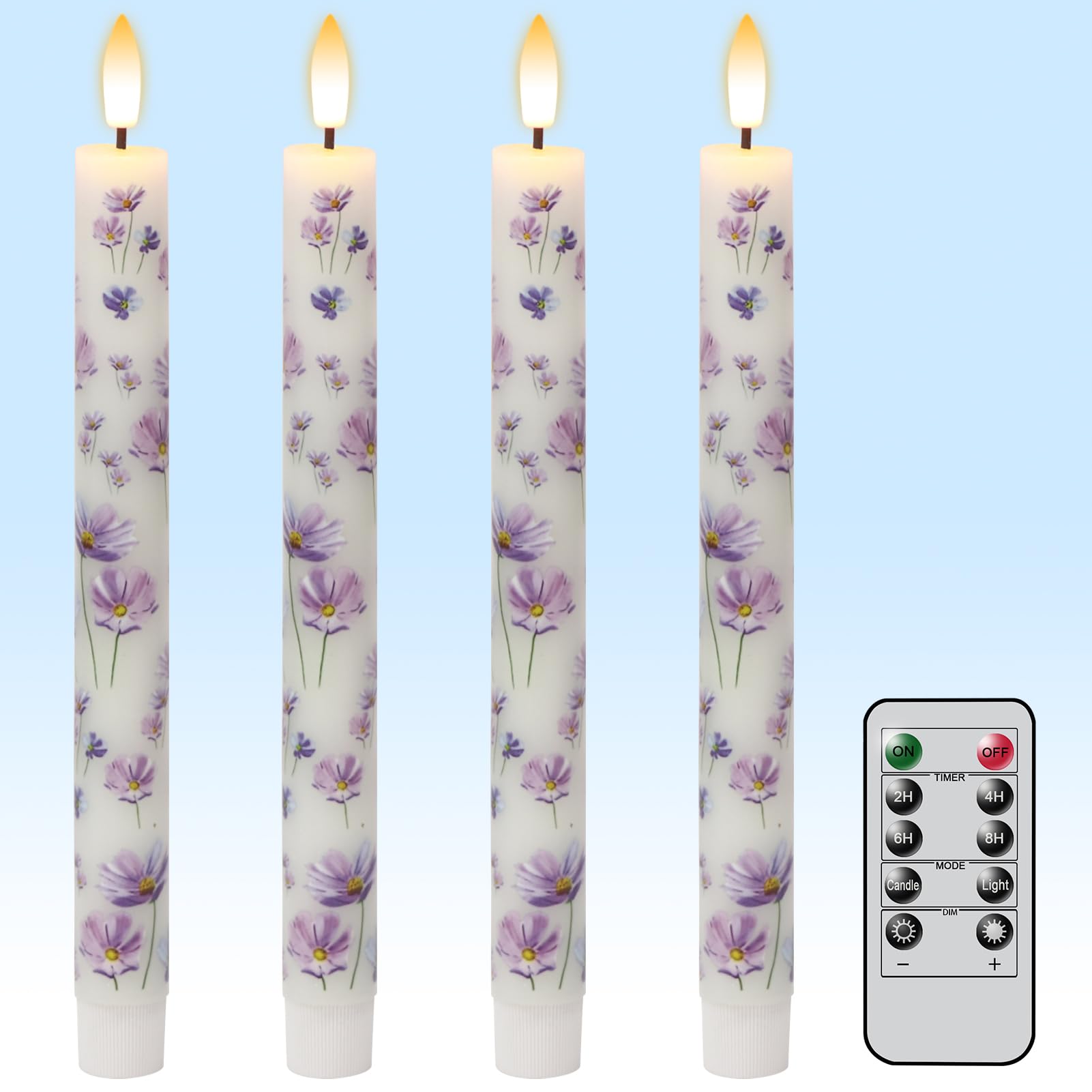 Kunswenn Flameless Taper Candles With Remote, 4 Pcs Led Taper Candles Battery Operated With Purple Flower Decals, Flameless Cand