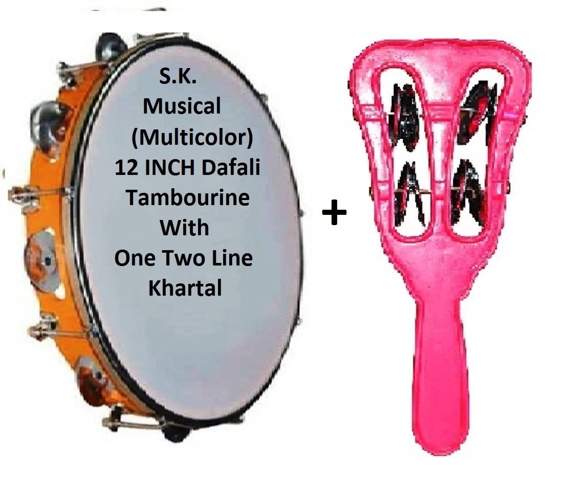 12 INCH Dafali/Tambourine + One Two Line Khartal (Color As Per Availability) Super Sound Quality