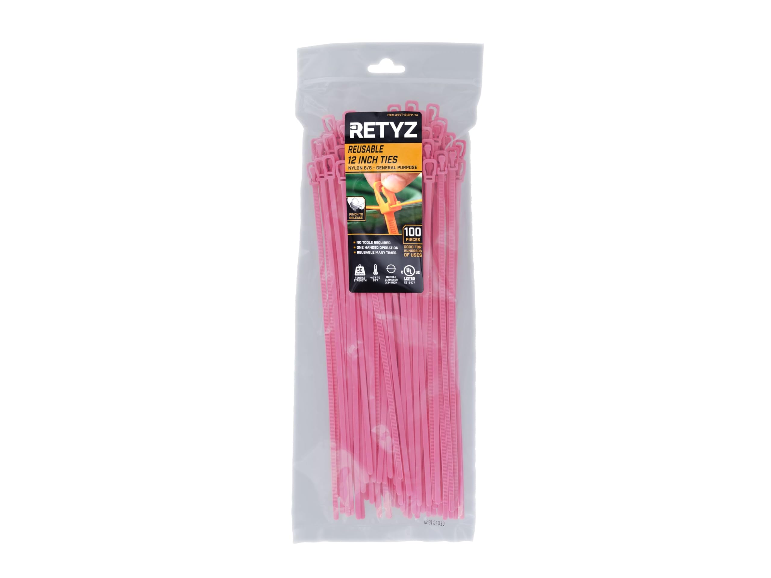 Retyz 12 Inch Fluorescent Pink Reusable Releasable Cable Ties   100 Pack, 50 Lb Strength, Patented Quick Release, Tool Free Desi