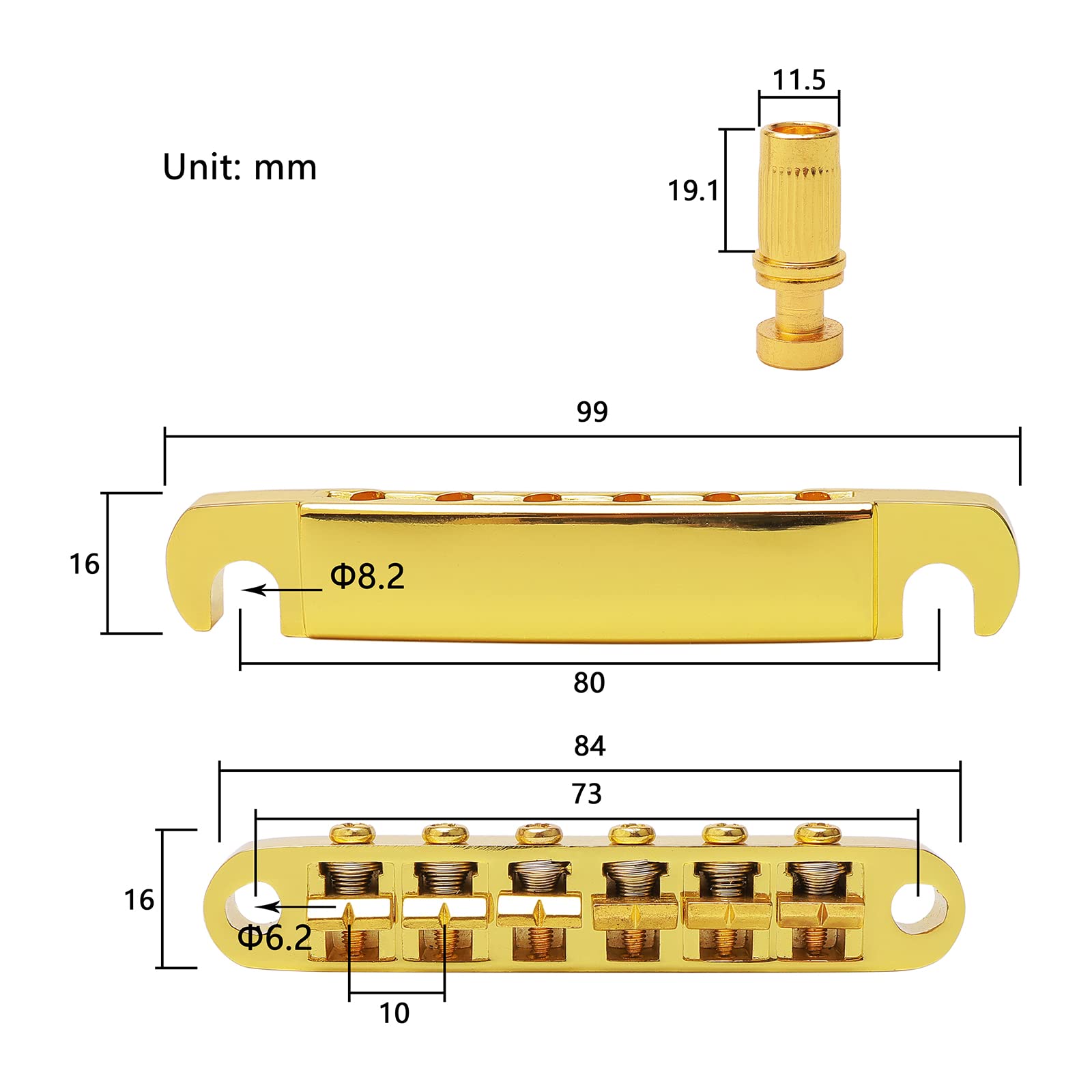 Unxuey Tune O Matic Bridge Tailpiece With Studs Roller Saddle Bridge For Sg Les Paul Lp Style Guitar, Gold