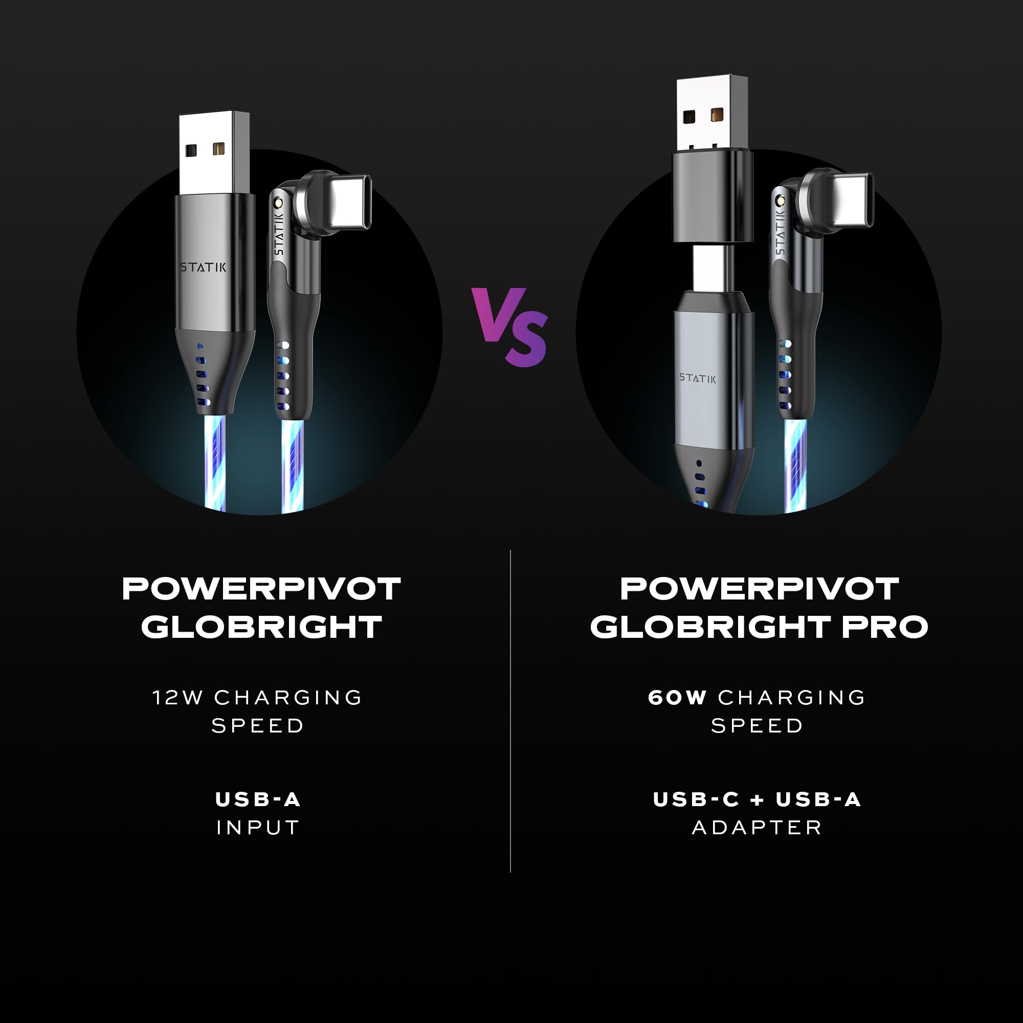 Statik Powerpivot Globright Pro Right Angle Charging Cable, Light Up Swivel Head Charging Cable, 60W Usb C Fast Charging Cable,