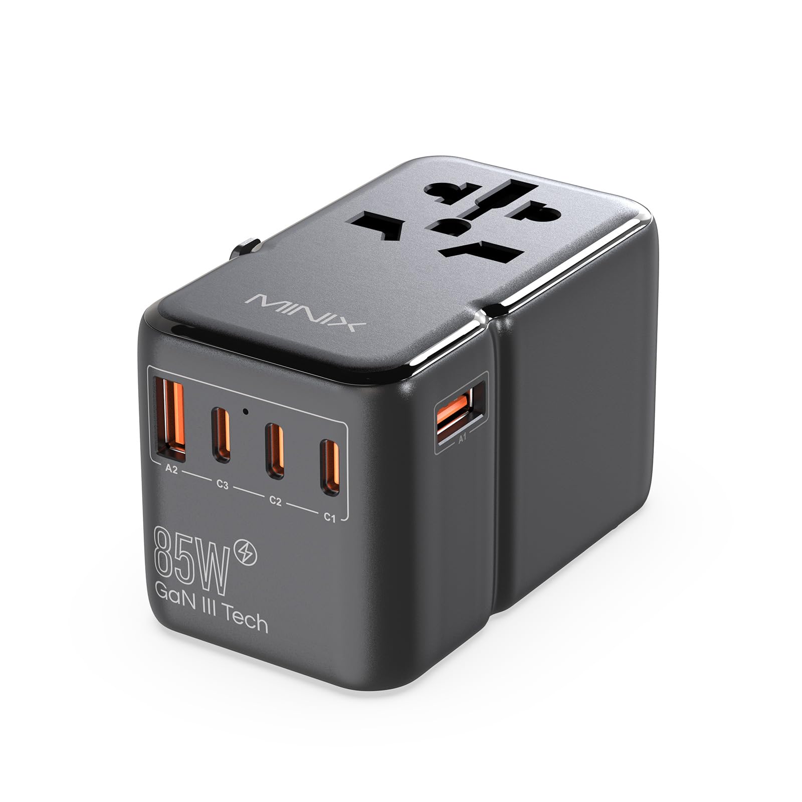 Minix 85W Universal Travel Adapter, Gan Iii International Power Adapter, 3 Usb C 2 Usb A Ports, Ac Outlet, Worldwide Us/Uk/Eu/Au