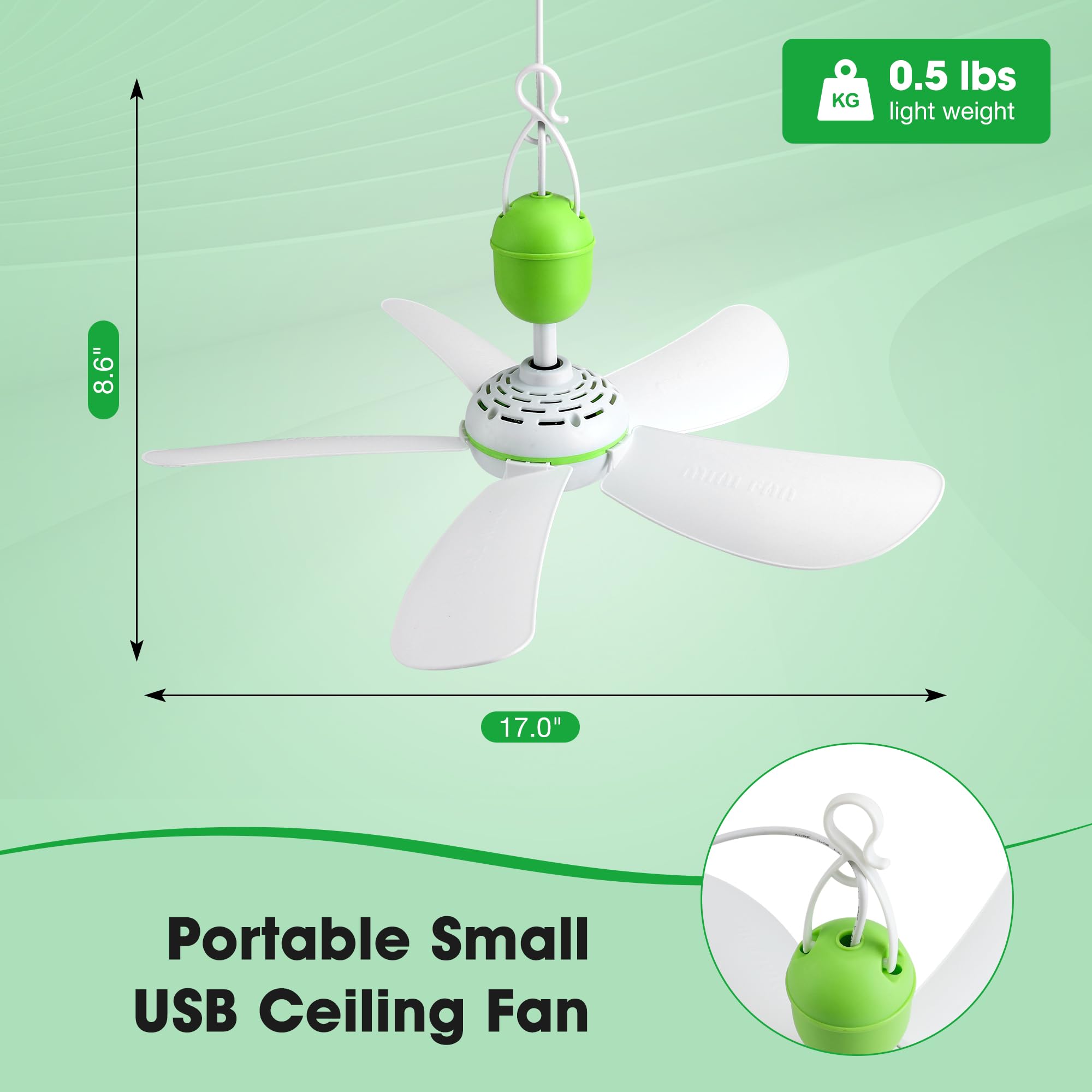 Roodike Mini Usb Ceiling Fan For Camping Tent, 17'' Portable Hanging Ceiling Fan For Outdoor Gazebo Or Rv, 13.2Ft Long Cord With