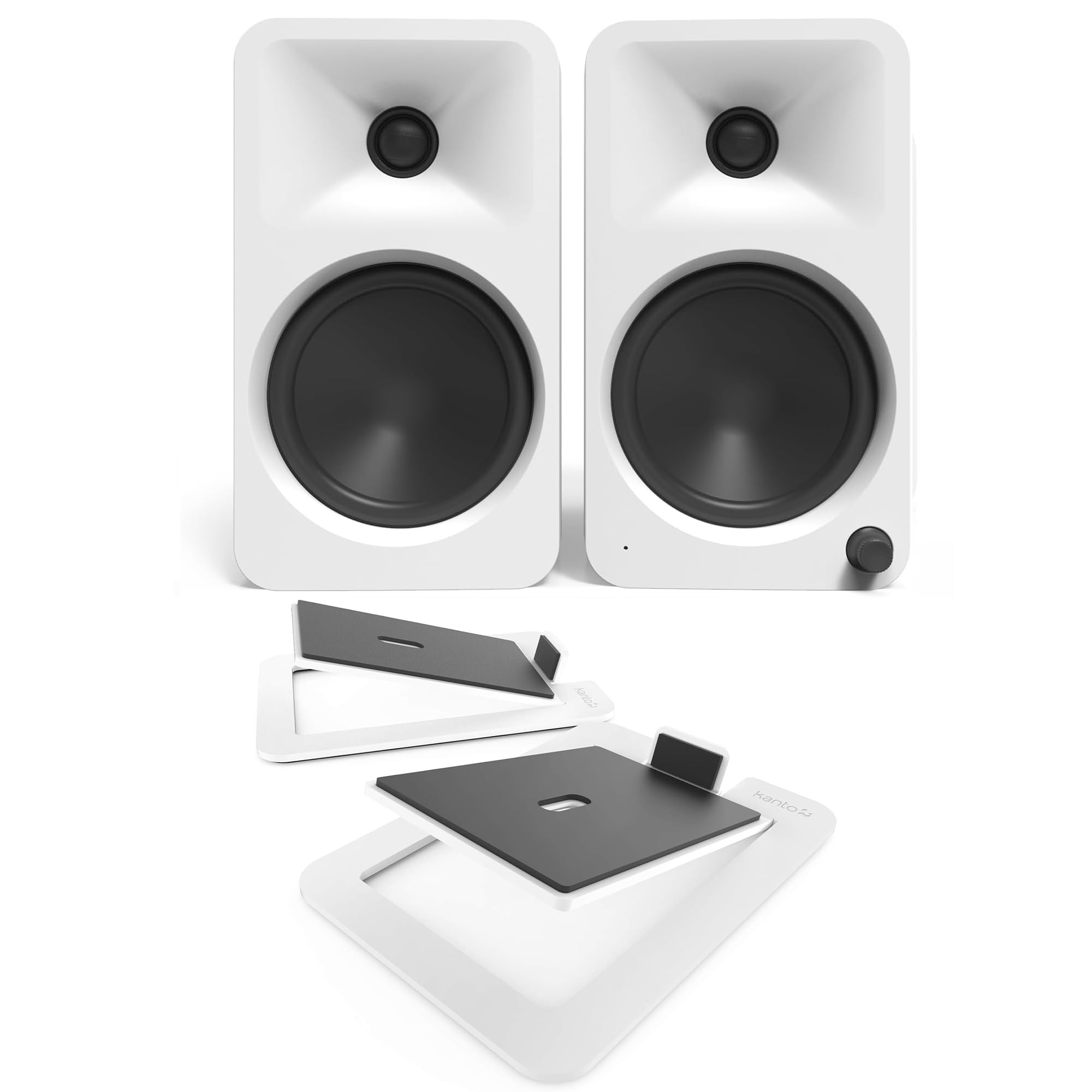 Kanto ORA4MW Pro Audio Bluetooth Desktop Speakers - Matte White Pair S6W Angled Desktop Speaker Stands for Large Speakers - Whit