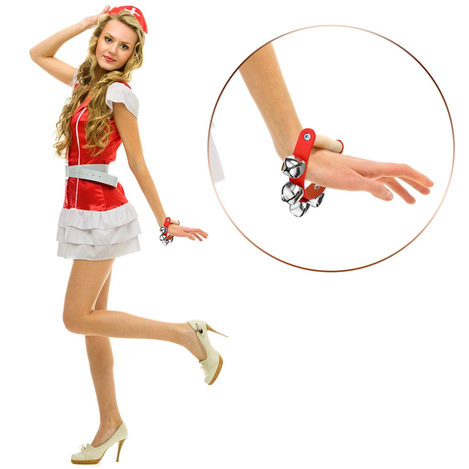 3 Pieces Red Christmas Sleigh Bells Jingle Gold Musical Instrument Wooden Handle Bells For Valentines(5 Bells)