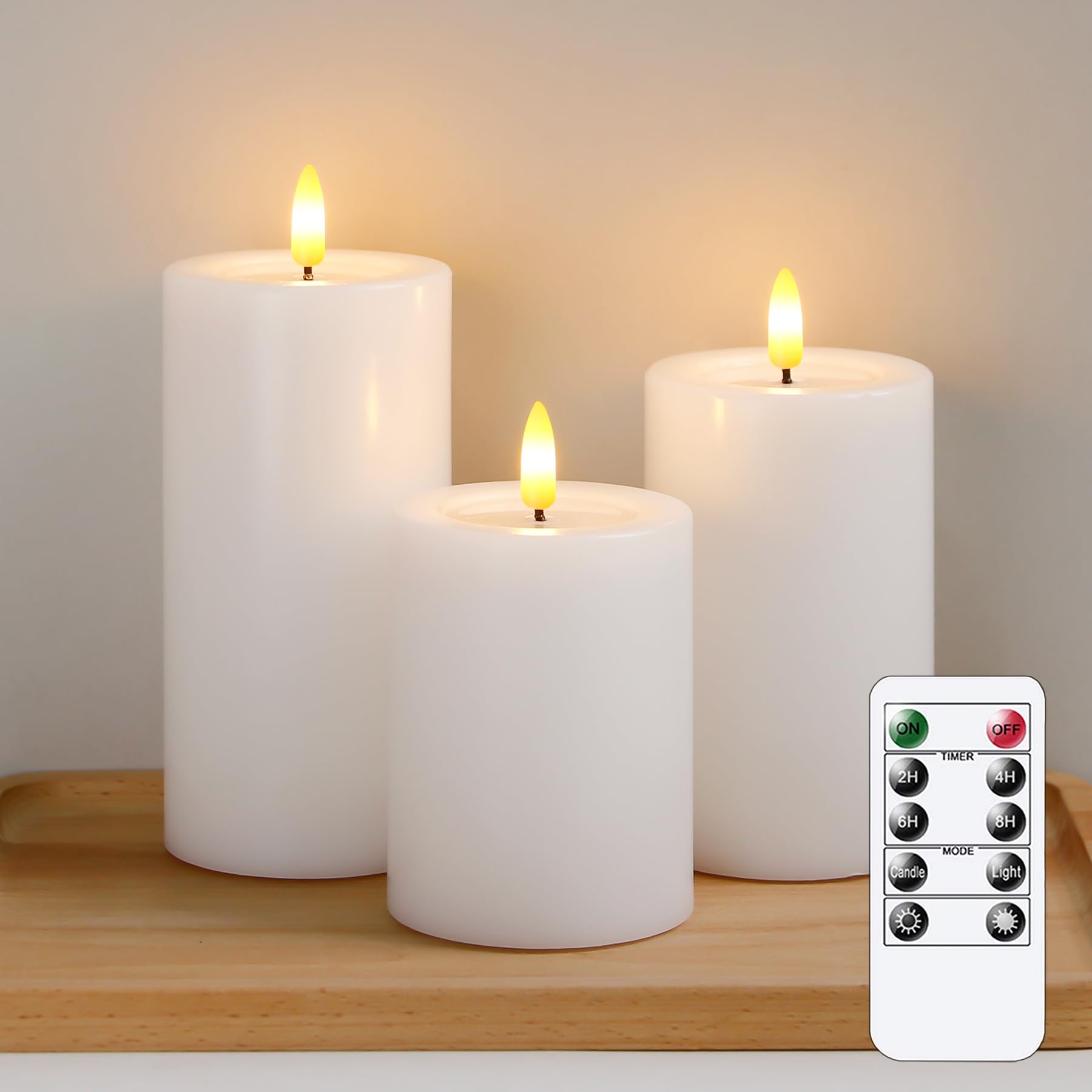 Yeelida Remote Flameless Flickering Pillar Candles With Candle Grease Effect,Pack Of 3 White Led Battery Oprated 2/4/6/8 Hours T