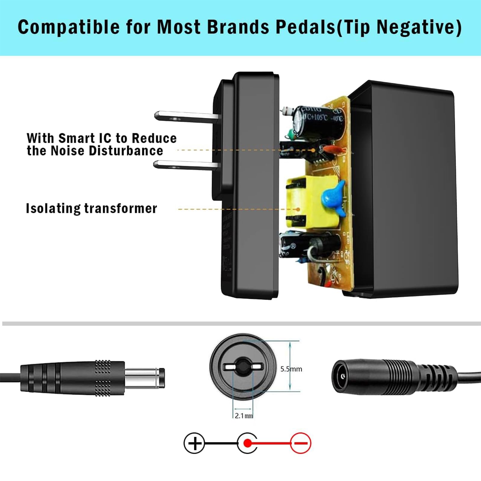 Aitone Dc 9V Guitar Pedal Power Supply Ac Adapter With 4 Way Daisy Chain Power Cord Cables For Pedal Keyboard Tip Negative 800Ma