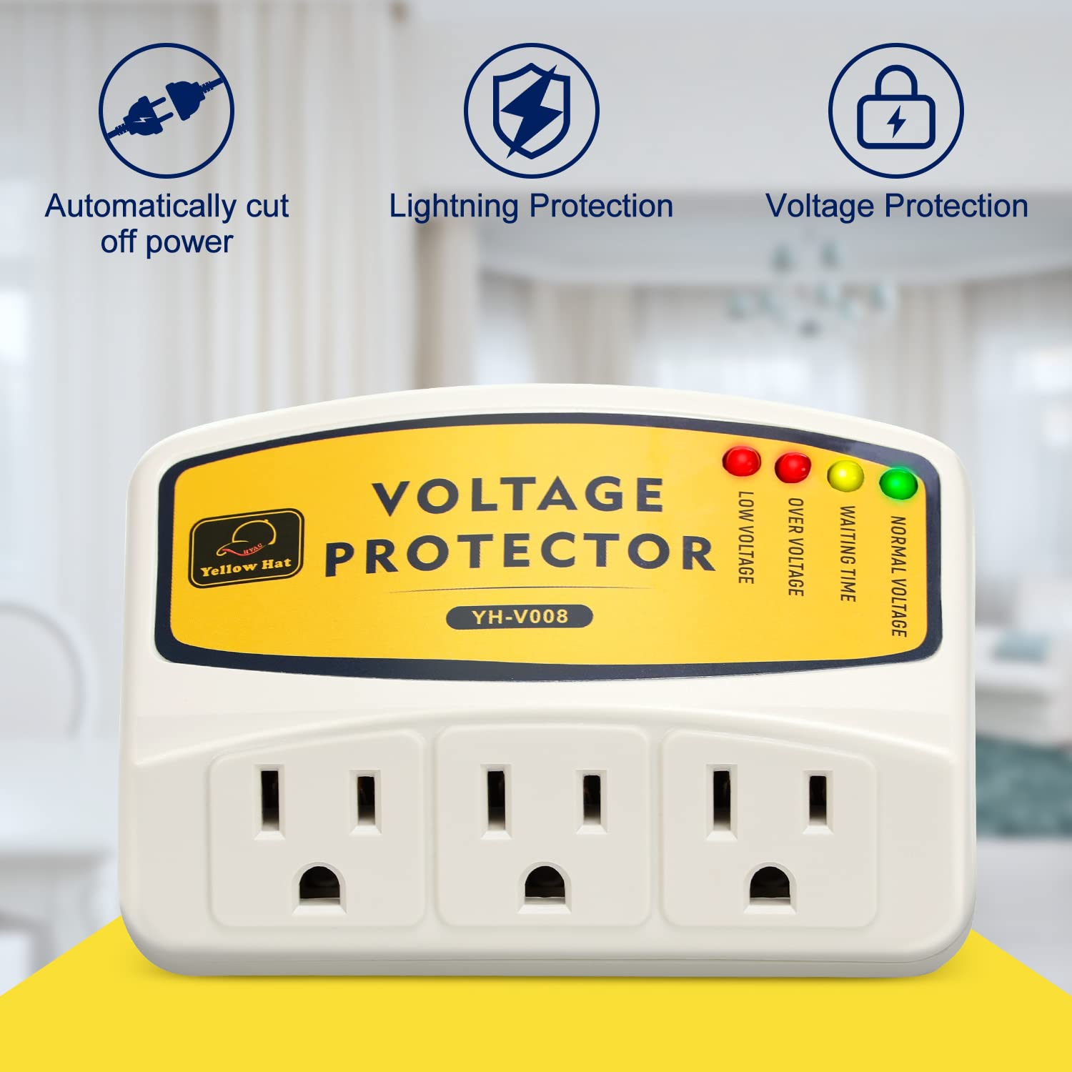 Voltage Protector 120V 12A 1440W, 3 Outlets Surge Protector For Refrigerator, Water Heater And Home Appliance Ect