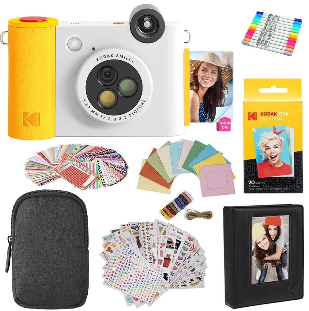 KODAK Smile+ 2-in-1 Digital Instant Print Camera & Photo Printer Gift Bundle + Case + Zink 2x3 Sticky Back Photo Paper 20pk + Al