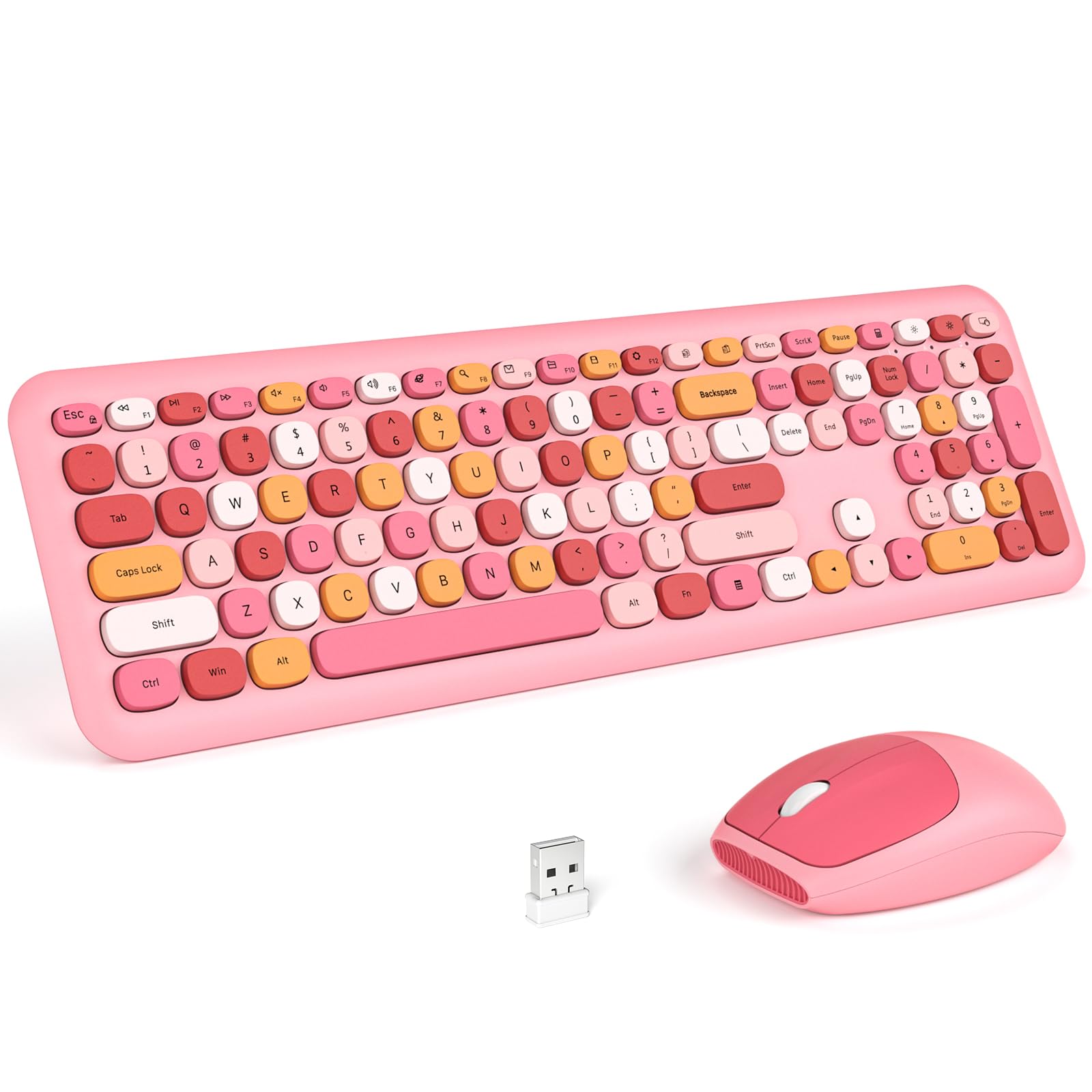 Knowsqt Wireless Keyboard And Mouse Combo, Pale Pink Full Sized 2.4G Silent Keycap Colorful Keyboards, Usb Dongle Plug Play, Lap
