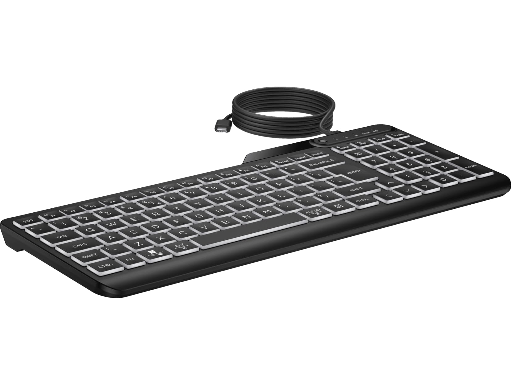 HP 405 Multi-Device Backlit Wired Keyboard (7N7C1UT) - Cable Connectivity - Compact - USB Type C, USB Type A Interface - LED - 2