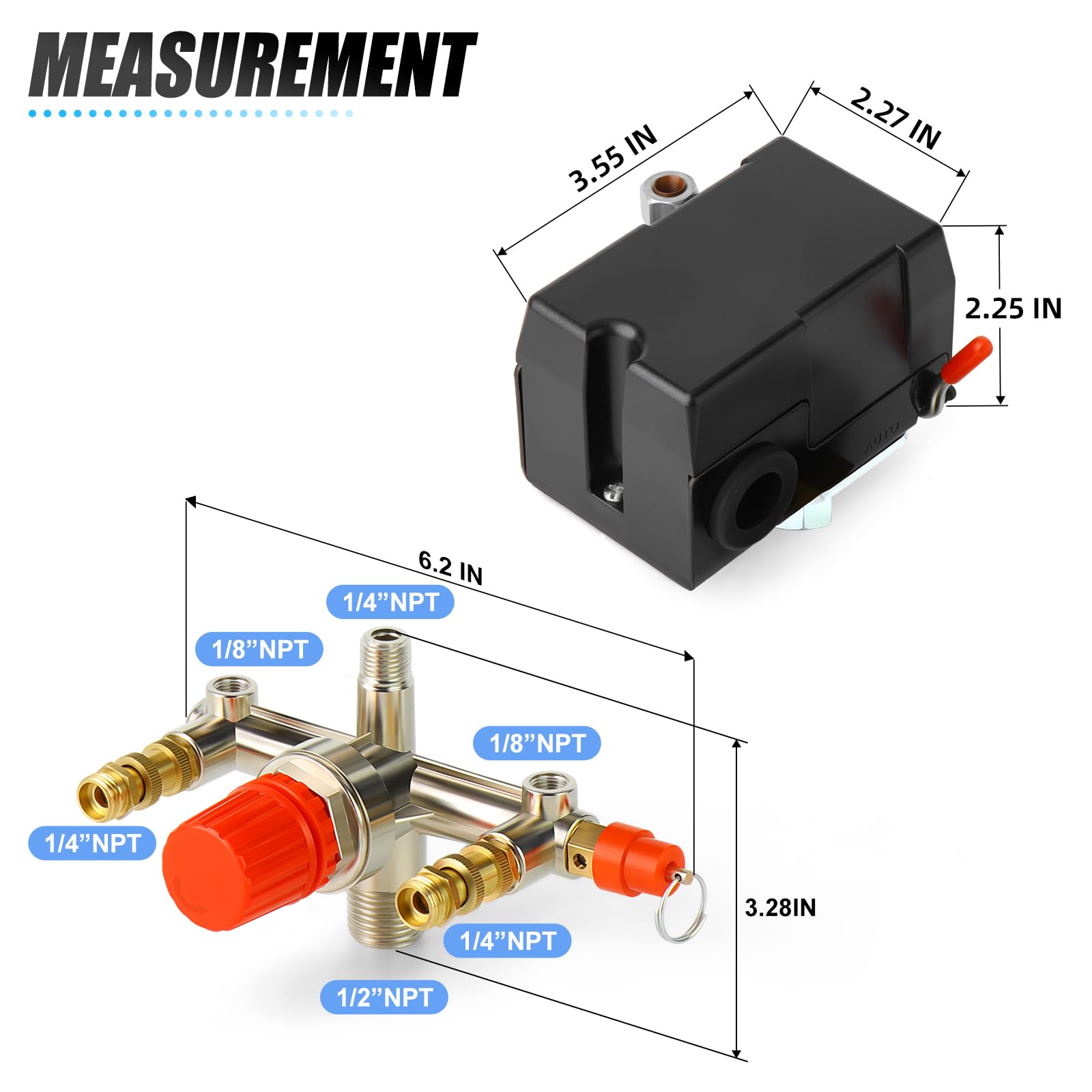Meanlin Measure Air Compressor Pressure Switch Control Valve 95 125 Psi 110V 240V 1 Way Replacement Parts With 0 180 Pressure Ga