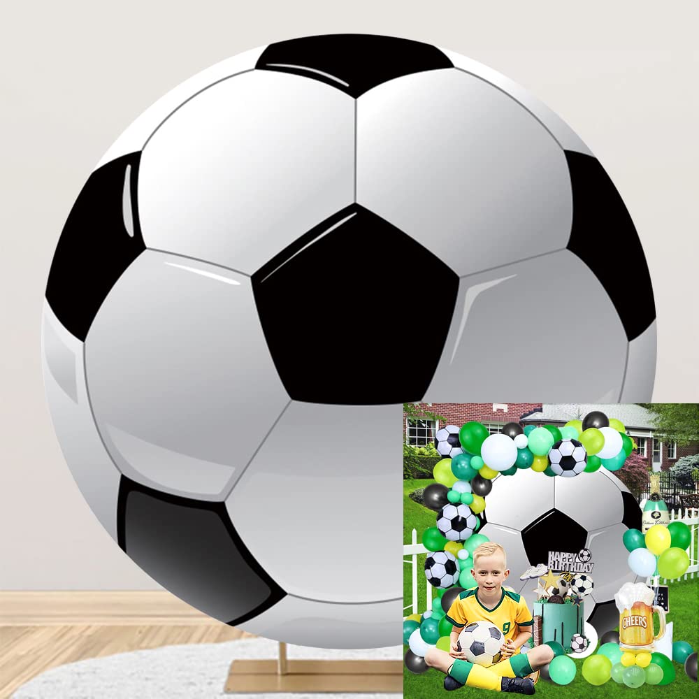 Dorcev Diameter 7.5Ft Soccer Photo Round Backdrop Cover Black White Sports Football For Kis Boy Man Birthday Party Photography B