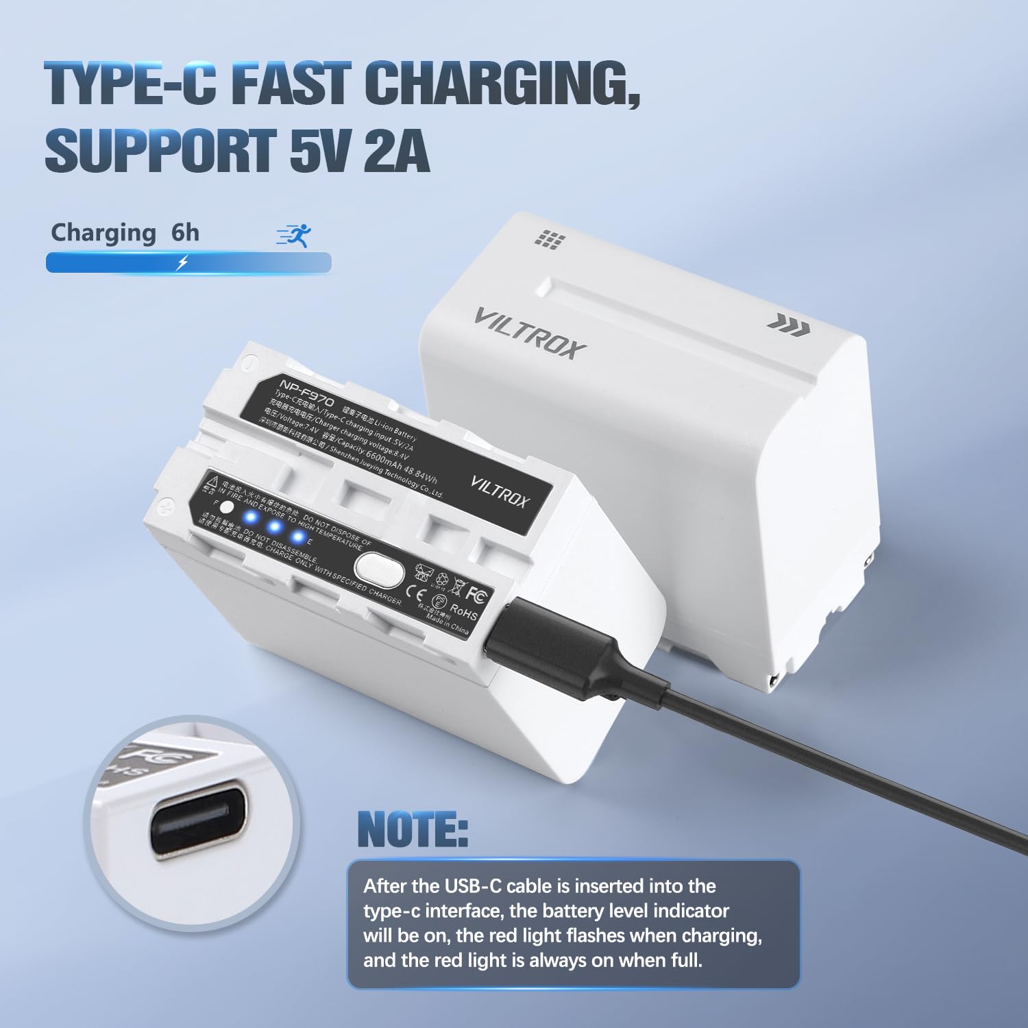 Viltrox Np F970 Li Ion Battery 1 Pack (6600Mah), Replacement For Sony Np F550 F570 F750 F770 F950 F960 F970, Compatible With Led