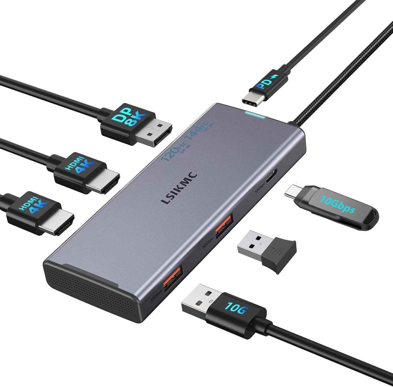 Docking Station 3 Monitors, 7 in 1 USB-C Docking Station with Dual HDMI 4K@60Hz & Single DisplayPort (8K@30Hz/ 4K@144Hz), 100W P