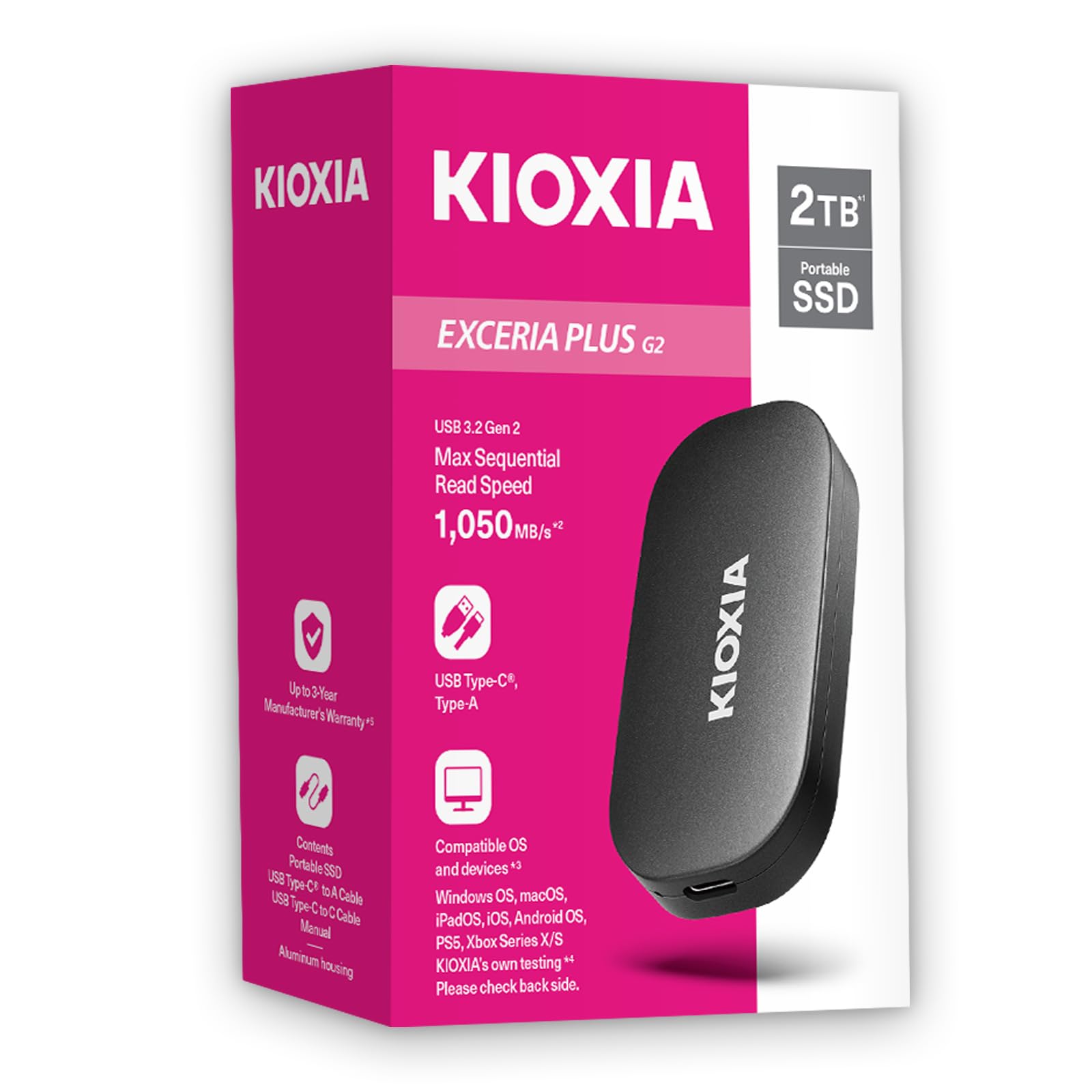 Kioxia Exceria Plus G2 Portable 2Tb / Up To 1,050Mb/S Read 1000Mb/S Write,MilStd Drop Tests, 256 Aes Encryption, Photographers,
