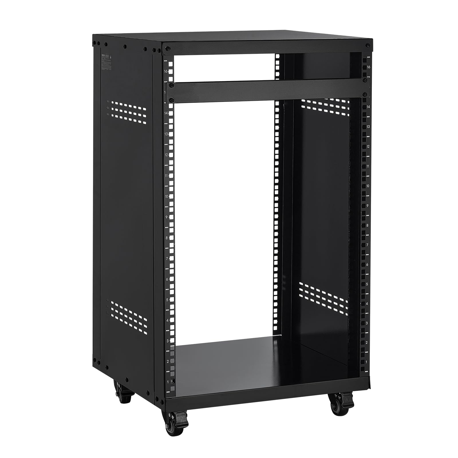 VEVOR 16U AV Rack, Recording Studio Rack Cabinet, Open Frame Server Rack with Locking Caster Wheels, Removable Side Panels & Ven
