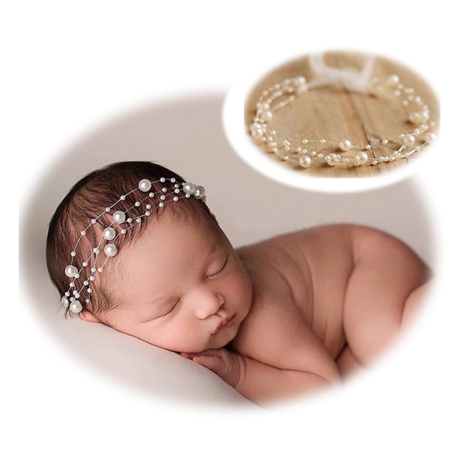 Honra Newborn Photography Props Pearl Headband Baby Photoshoots Posing Photo Tieback Hair Accessories(Cream)