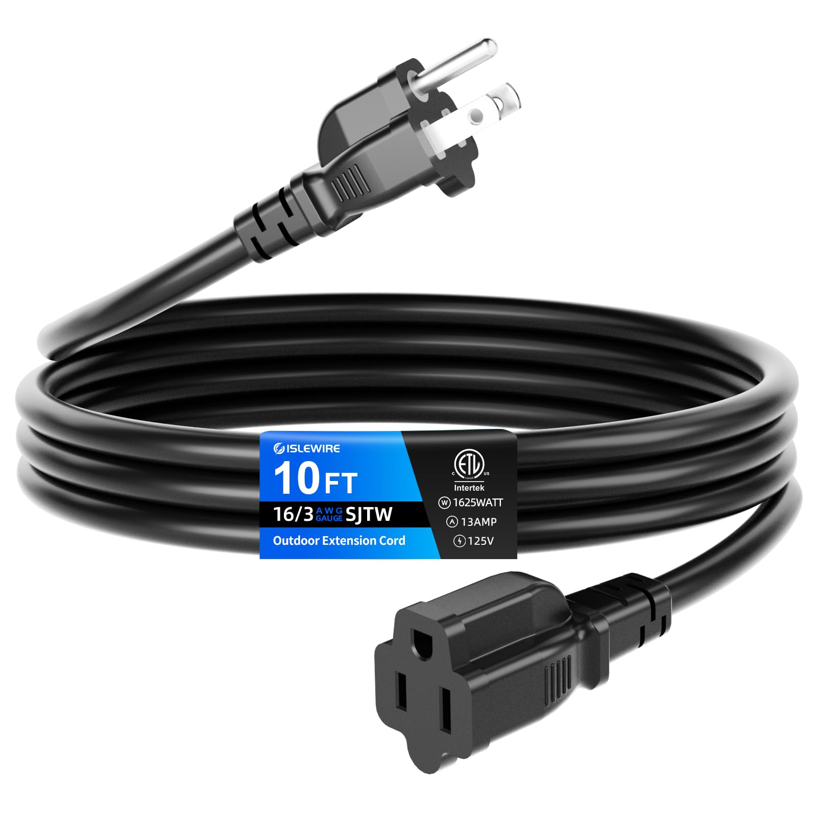 Islewire 10 Ft Outdoor Extension Cord Waterproof, Black, 3 Prong Power Cord, 16 Awg Sjtw, 13A 1625W, Grounded, General Purpose L
