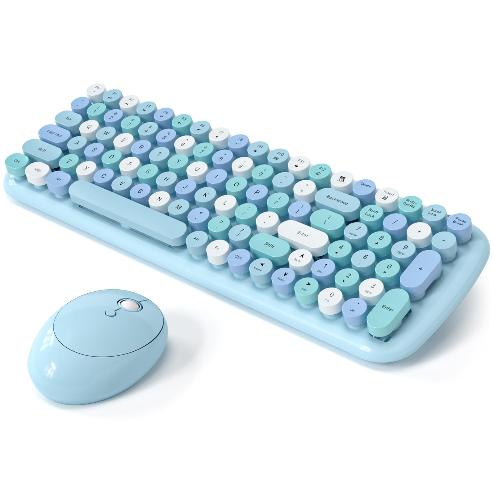 Wireless Keyboard and Mouse Combo, MOWUX - Modern Compact Layout, Colorful Compact Candy Mouse and Retro Round Keyboard Set with