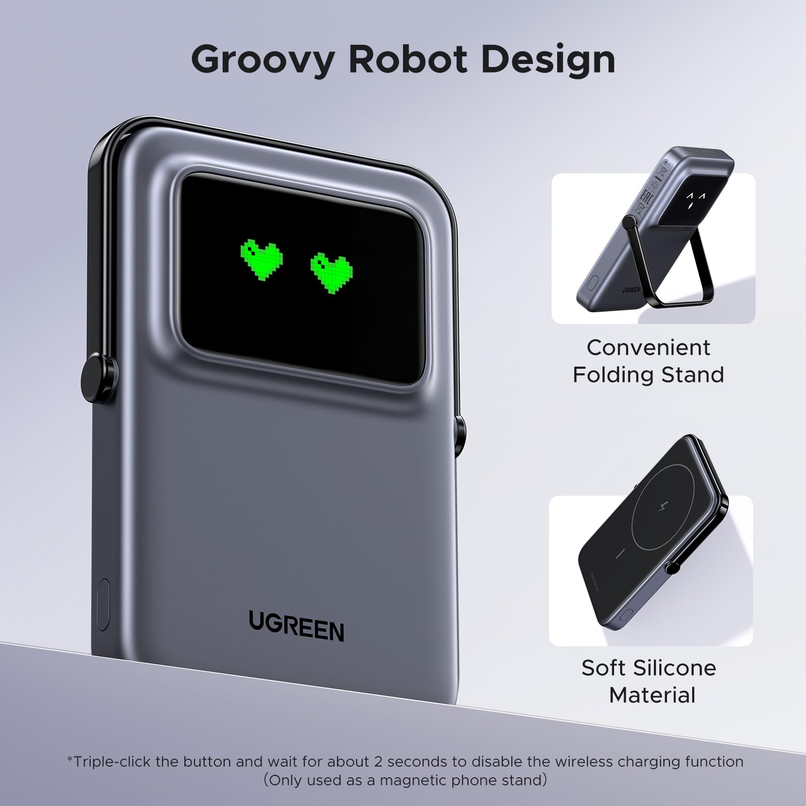 Ugreen Uno Magnetic Power Bank, 5000Mah Wirelss Portable Charger, 20W Fast Charging Battery Pack With Foldable Stand And Tft Dis