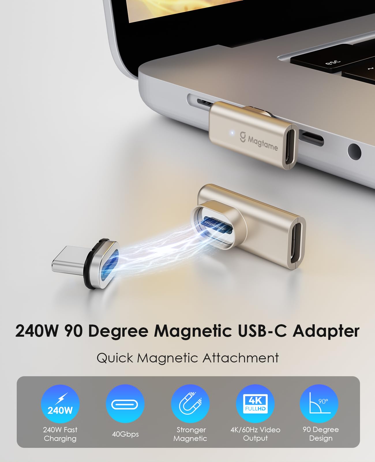 Magtame 240W Magnetic Usb C Male To Usb C Female Adapter 90 Degree Right Angle, 24Pin Type C Adapter Extender, 40Gbps 4K Video F