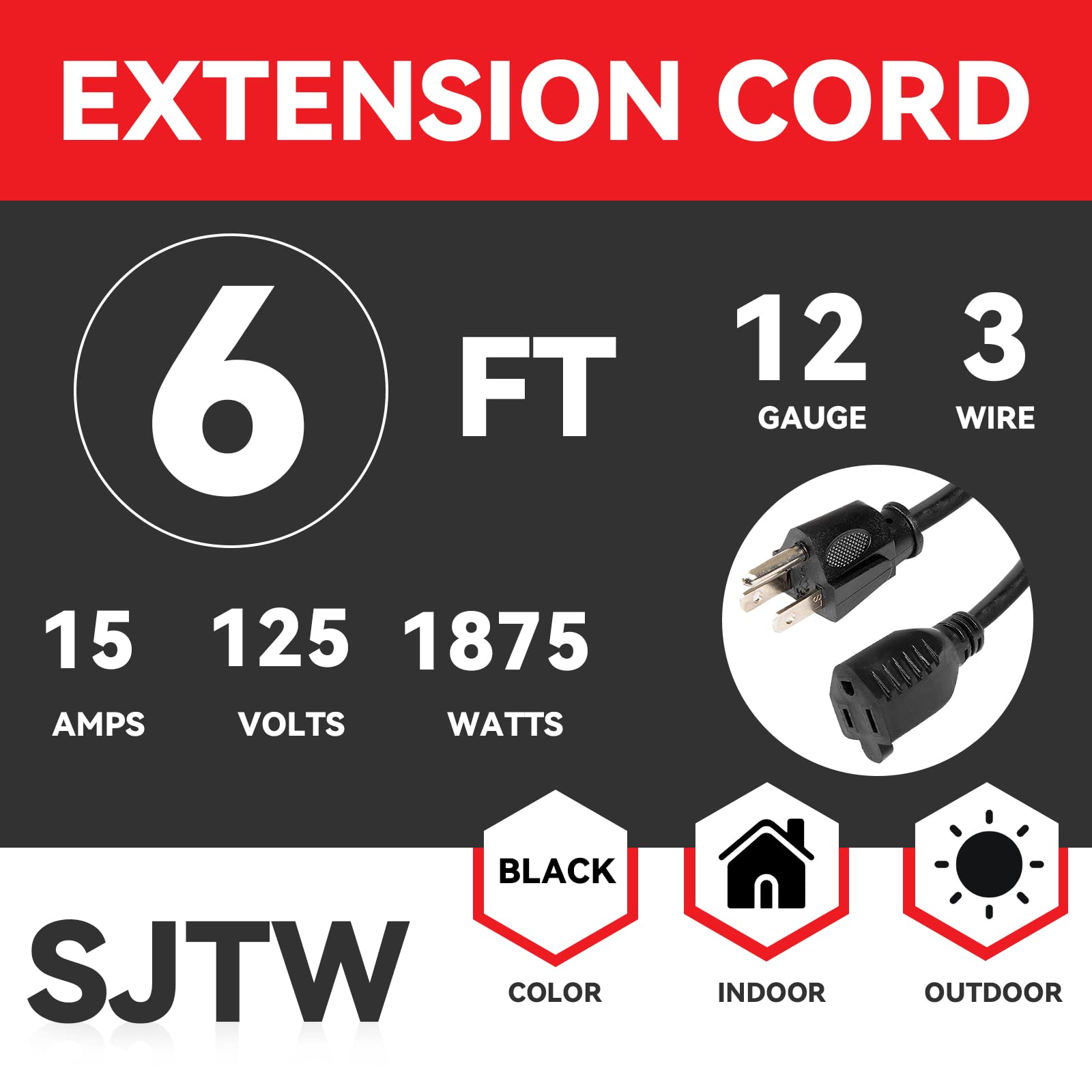 Ep 6 Ft Outdoor Extension Cord   12/3 Sjtw Heavy Duty Black Extension Cable With 3 Prong Grounded Plug   Power Cord For Lawn, Ga