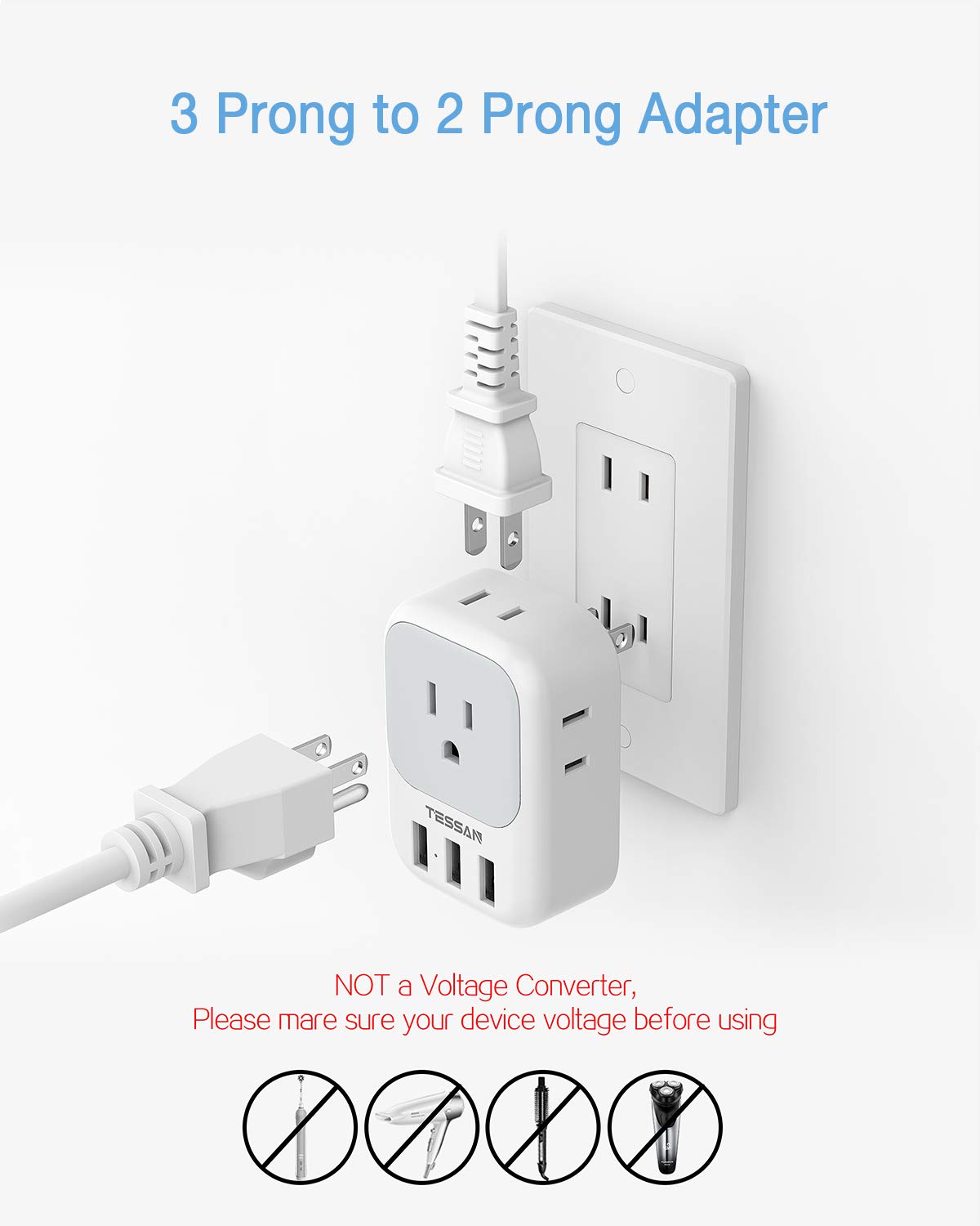 Tessan Us To Japan Plug Adapter, 2 Prong To 3 Prong Outlet Adapter With 4 Ac And 3 Usb Charger, Type A Travel Power Adaptor For